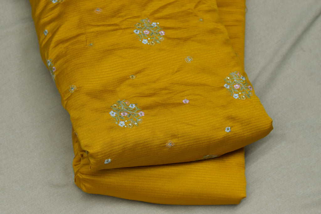 Golden Mustard Berlin Silk Embroidered Dress Material Set