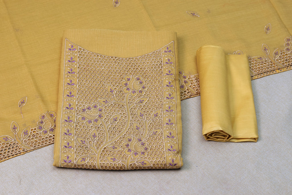 Mustard Yellow Christ Georgette Churidar Dress Material Set with Floral Embroidery