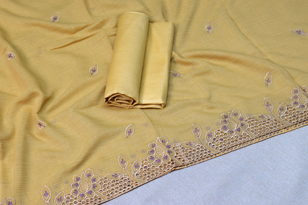 Mustard Yellow Christ Georgette Churidar Dress Material Set with Floral Embroidery