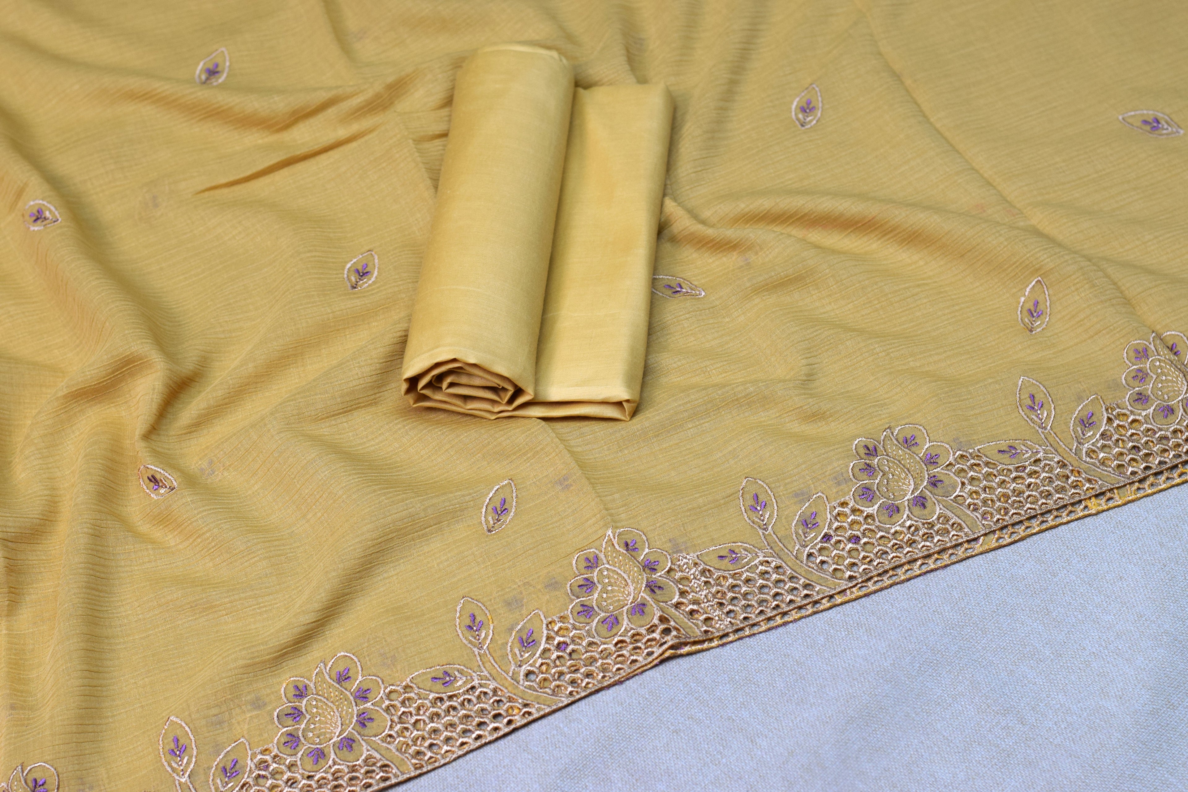 Mustard Yellow Christ Georgette Churidar Dress Material Set with Floral Embroidery