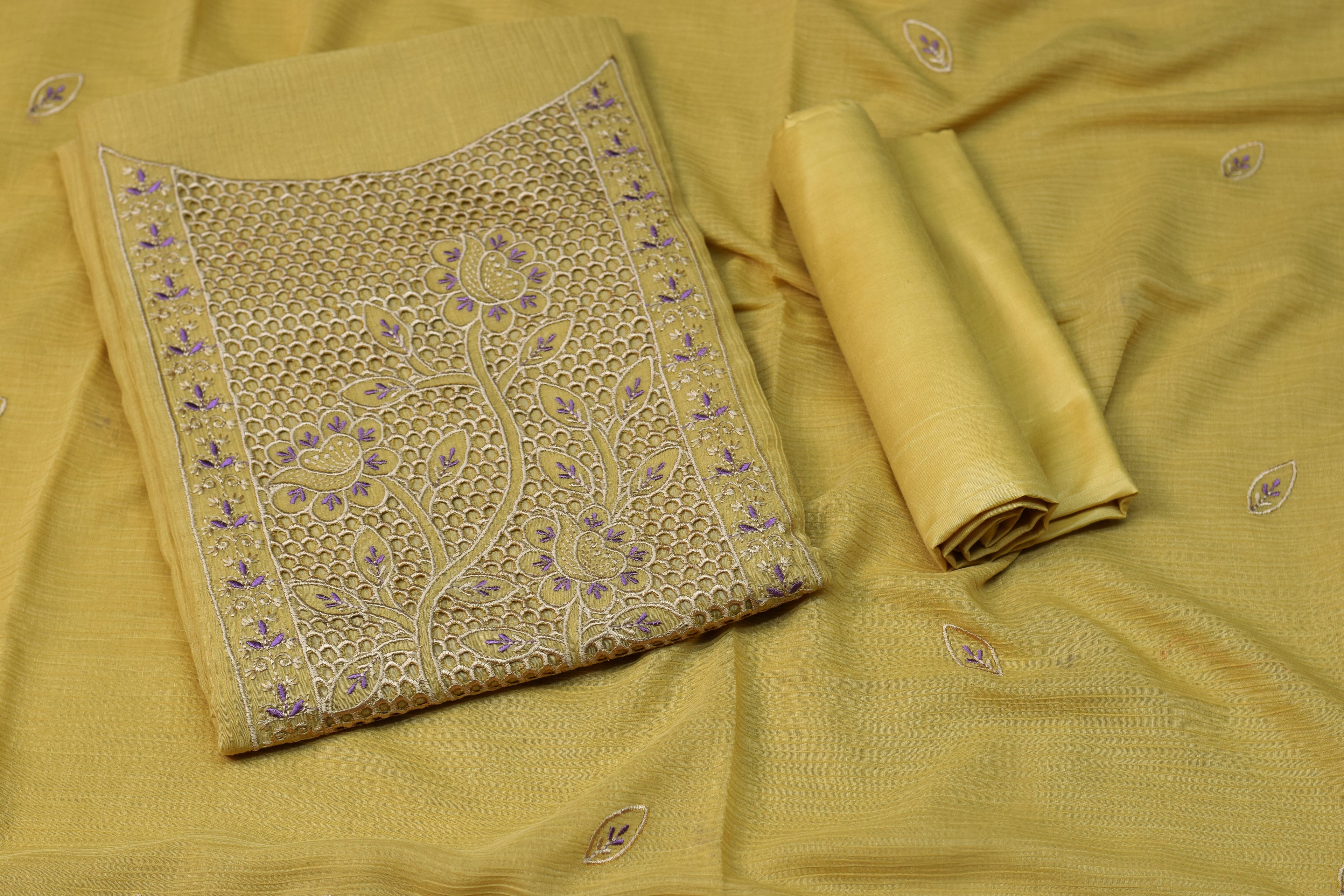 Mustard Yellow Christ Georgette Churidar Dress Material Set with Floral Embroidery