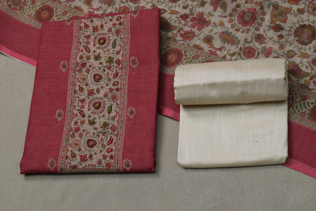 Elegant Pink Chentheri Churidar Dress Material Set with Embroidered Panel & Cream Bottom Fabric