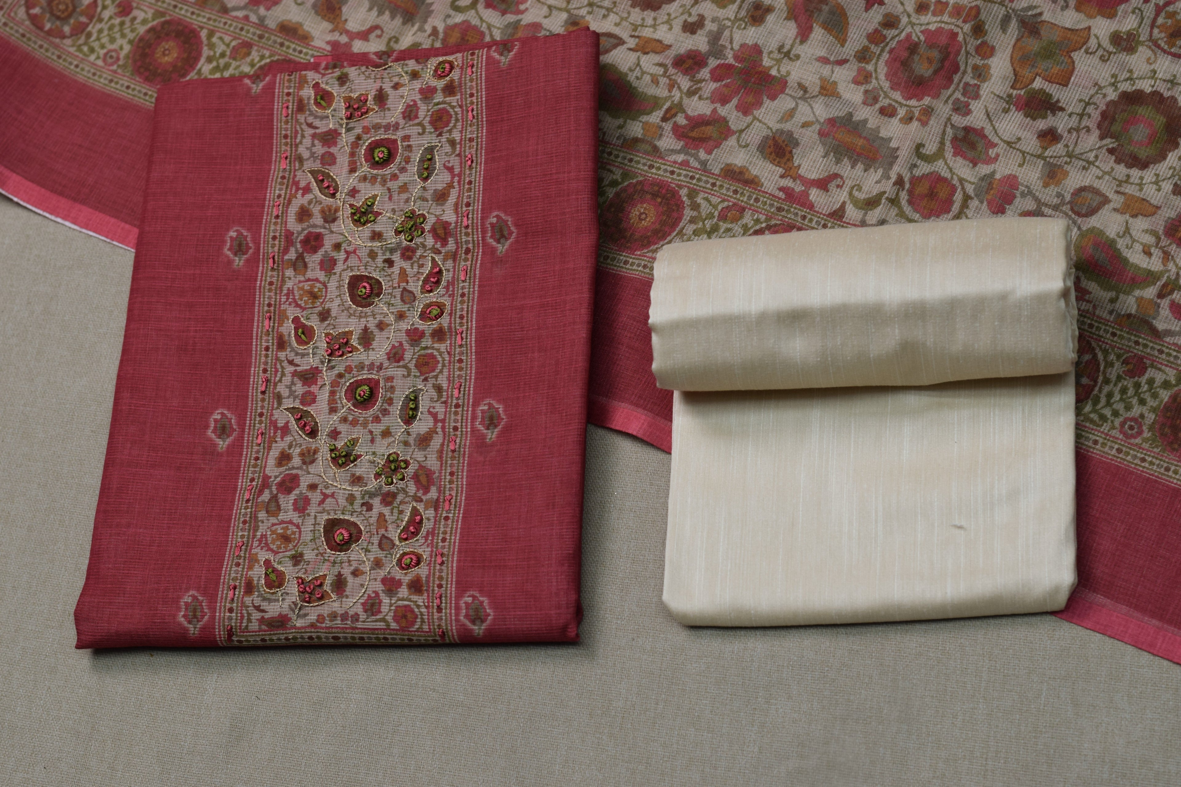 Elegant Pink Chentheri Churidar Dress Material Set with Embroidered Panel & Cream Bottom Fabric