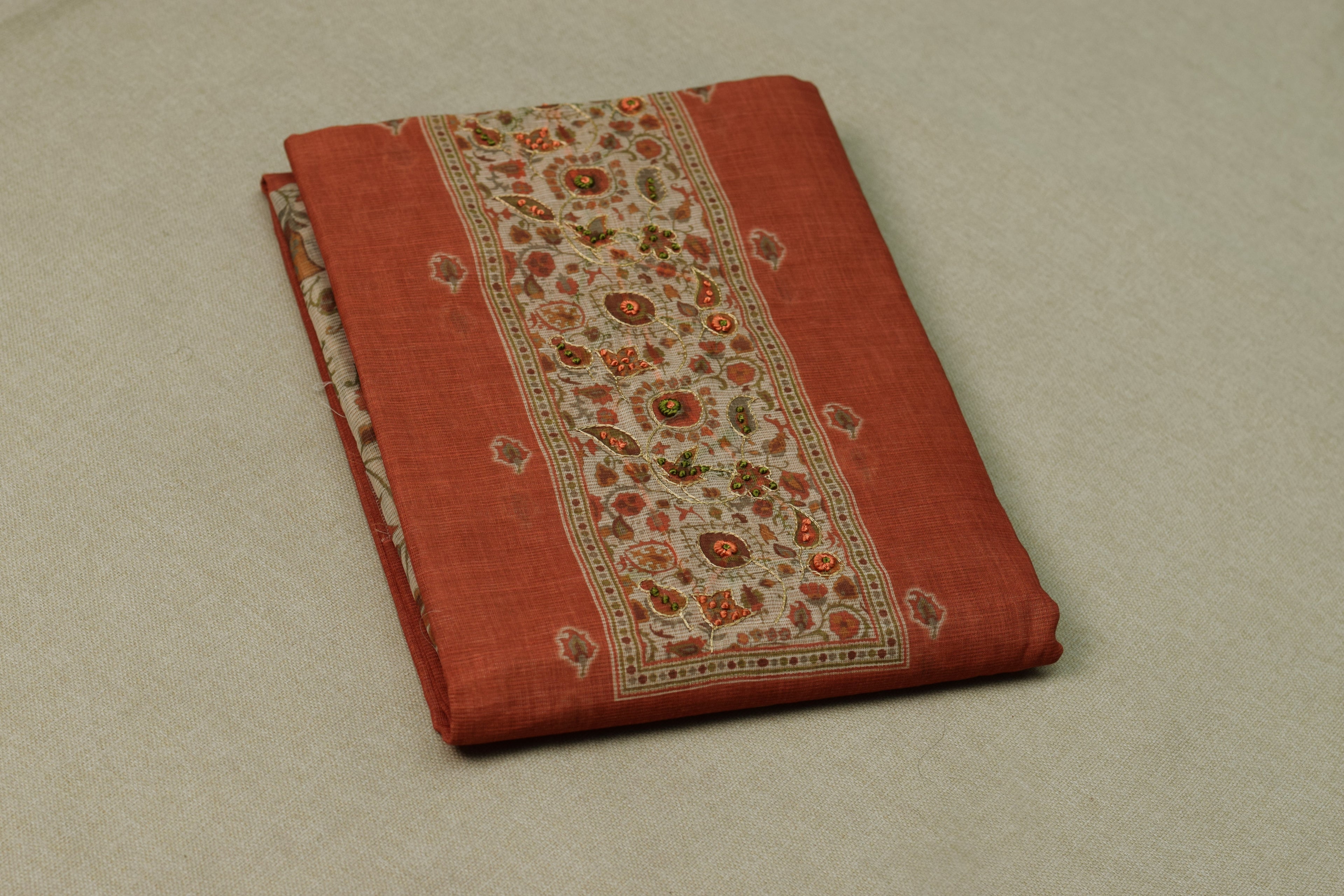 Chentheri Floral Print Churidar Dress Material Set – Rust Orange & Cream Elegant Ethnic Wear