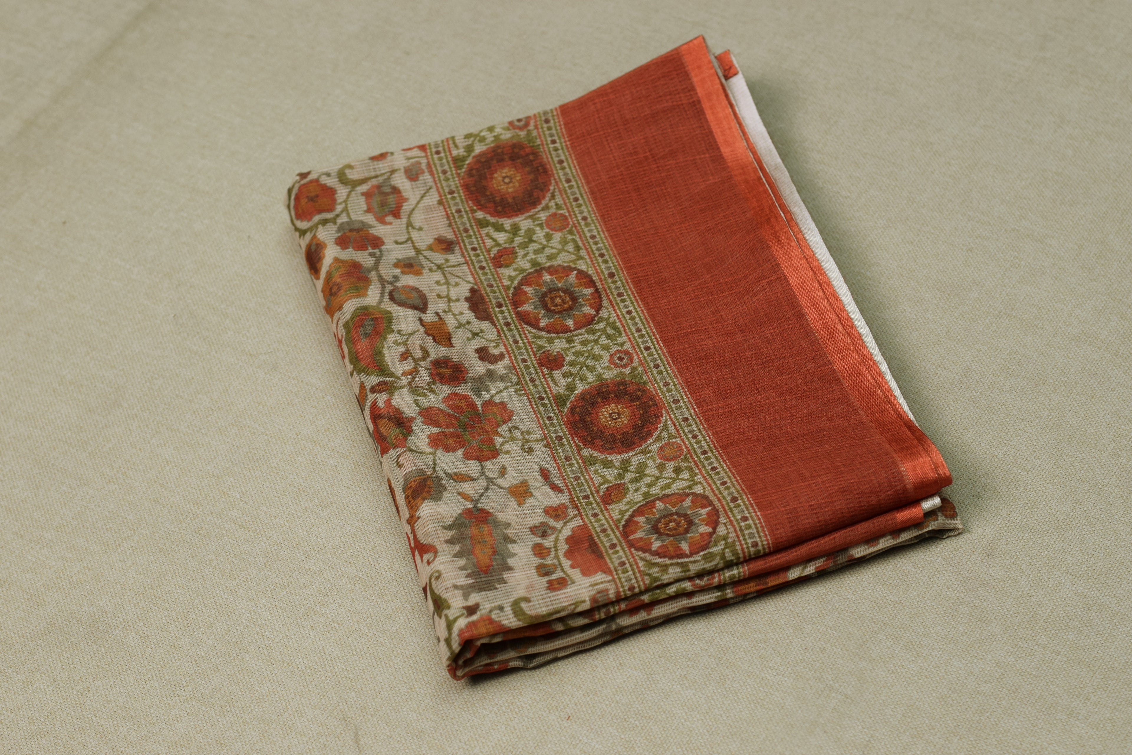 Chentheri Floral Print Churidar Dress Material Set – Rust Orange & Cream Elegant Ethnic Wear