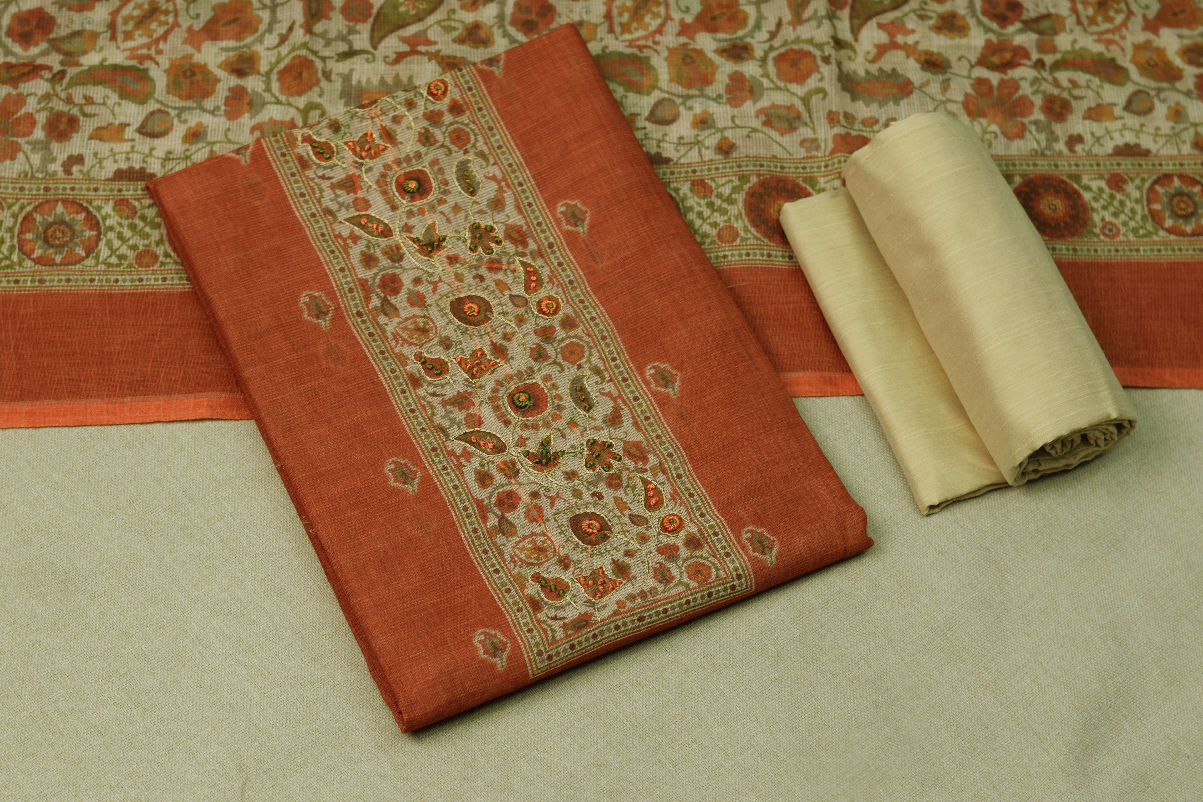 Chentheri Floral Print Churidar Dress Material Set – Rust Orange & Cream Elegant Ethnic Wear