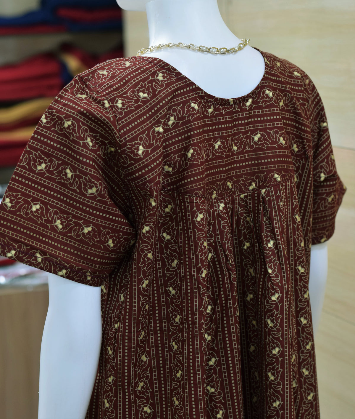 Women's Maroon Floral Vine Cotton Nighty – Full Length (Size XL)