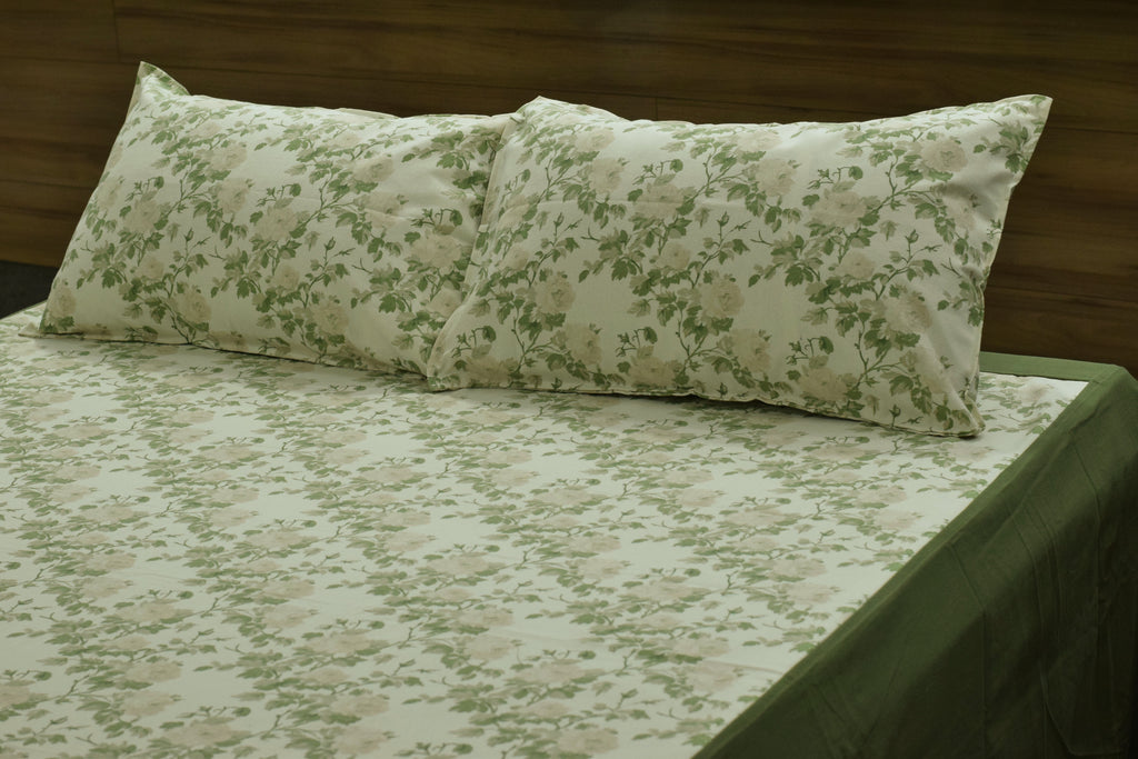 King Size Cotton Bedspread with Pillow Covers – Green Floral Print | 100 x 110 Inches