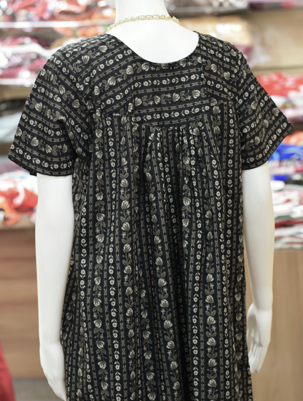 Women's Black Floral Stripe Cotton Nighty – Full Length (Size L)