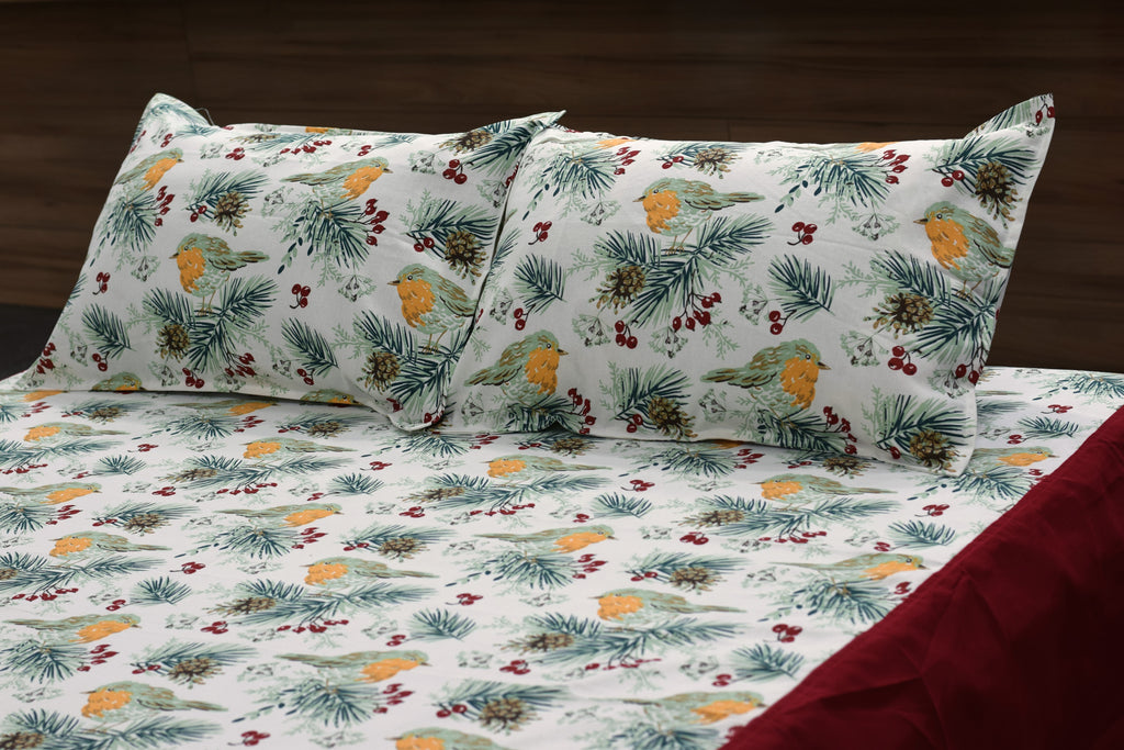King Size Cotton Bedspread with 2 Pillow Covers | Floral & Bird Print | Maroon Border | Bedding