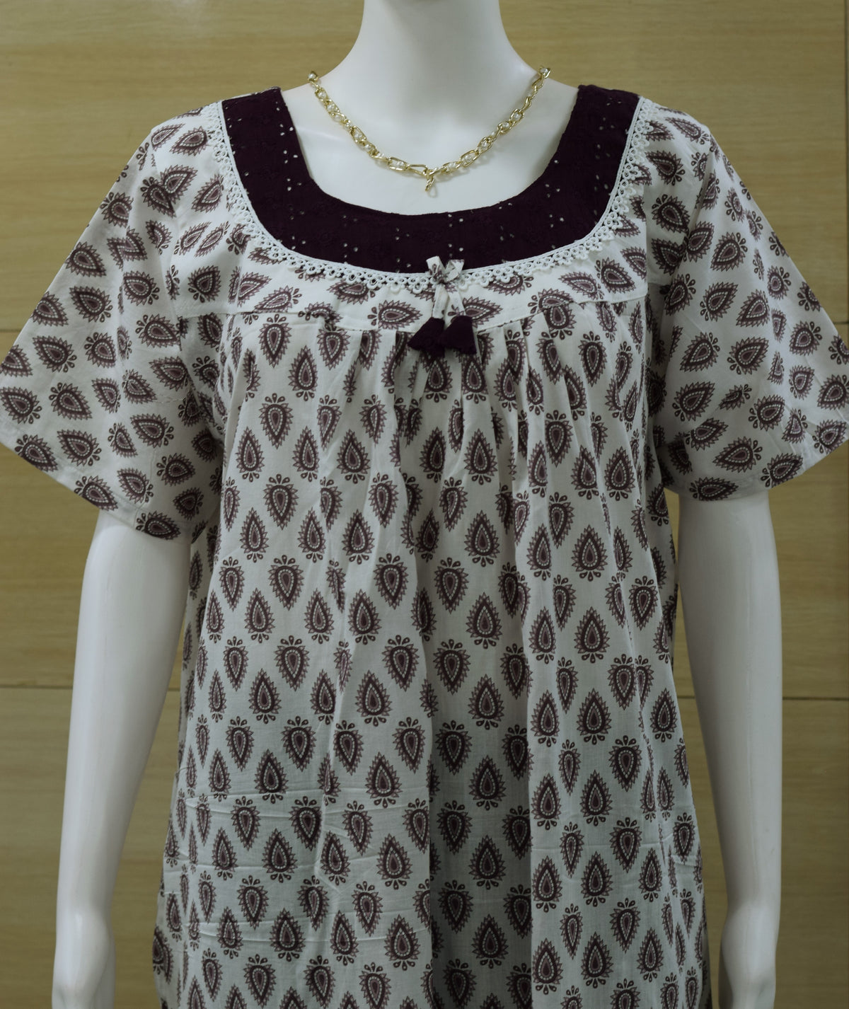 Women's Wine & Off-White Teardrop Print Cotton Nighty – Full Length (Size XL)