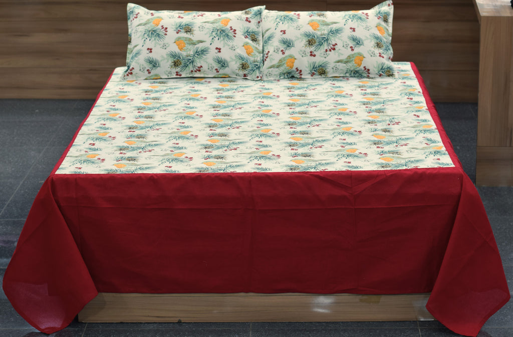 King Size Cotton Bedspread with 2 Pillow Covers | Floral & Bird Print | Maroon Border | Bedding