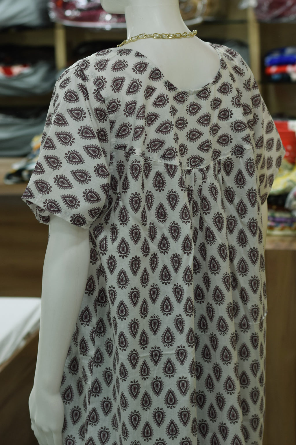 Women's Wine & Off-White Teardrop Print Cotton Nighty – Full Length (Size XL)