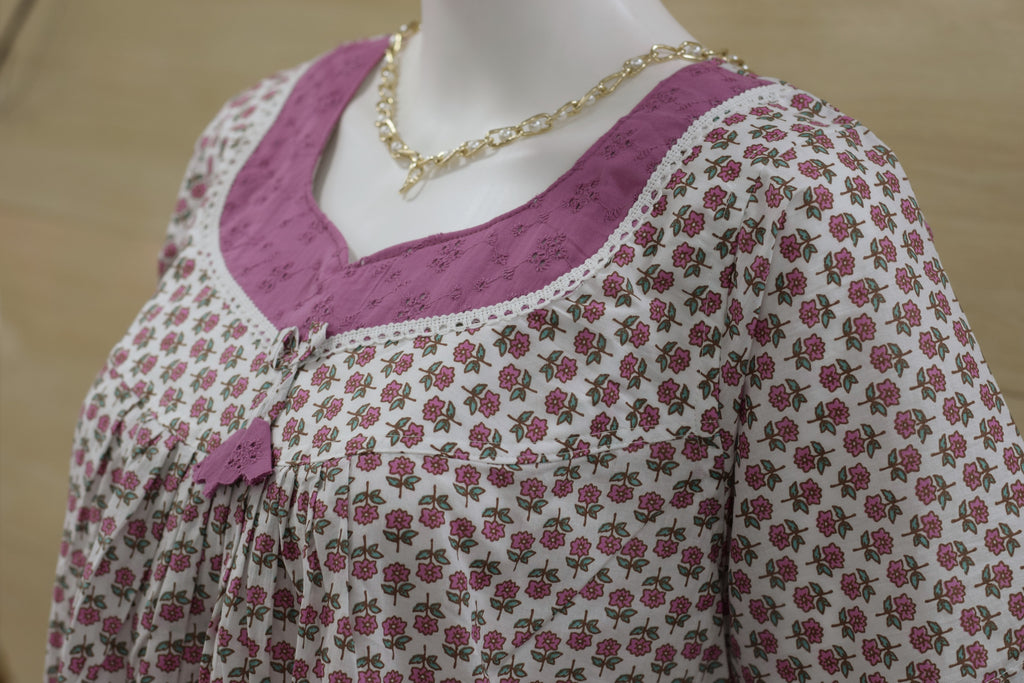 Women's Pink Floral Print Cotton Nighty – Full Length (Size M)