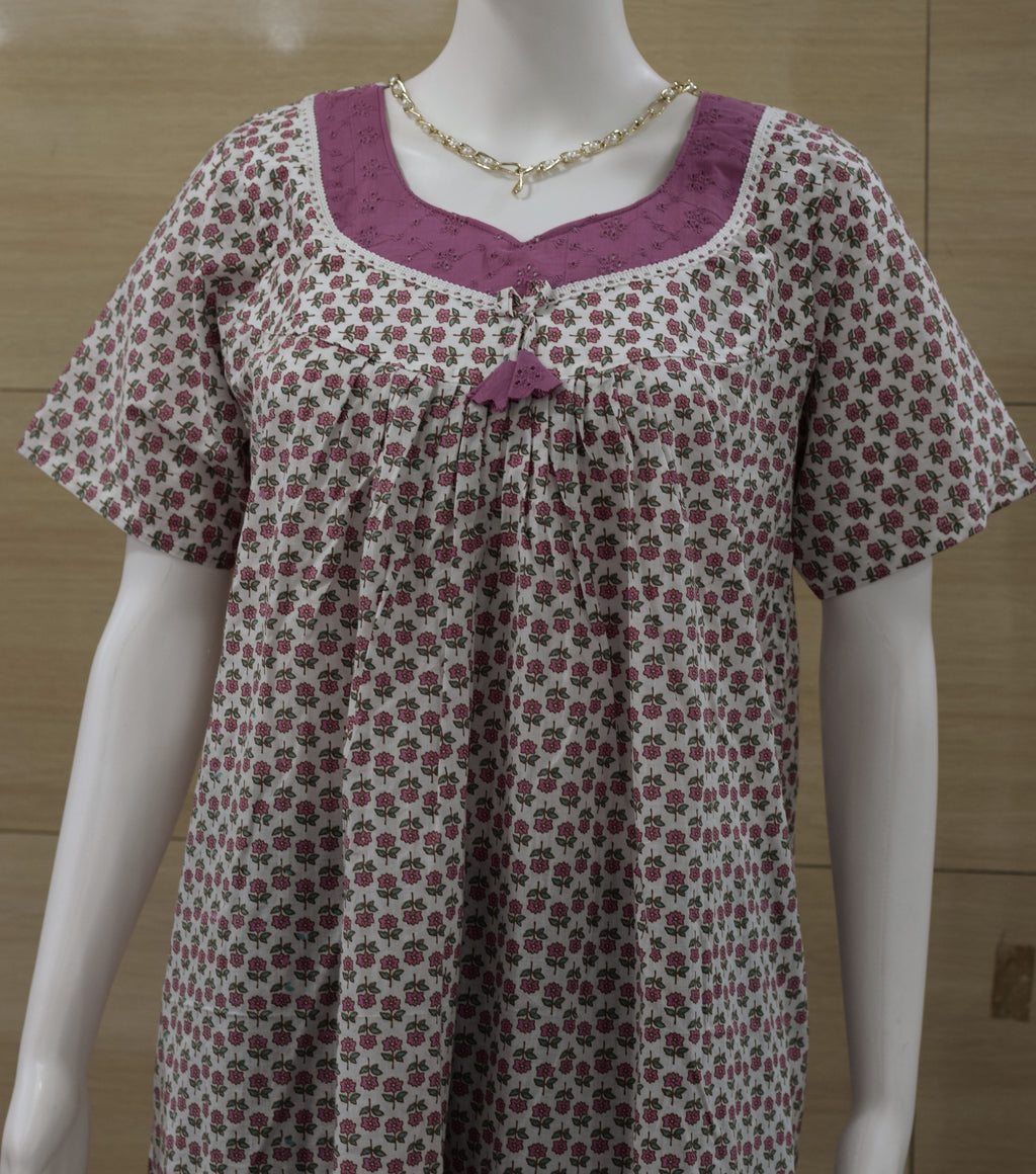 Women's Pink Floral Print Cotton Nighty – Full Length (Size M)