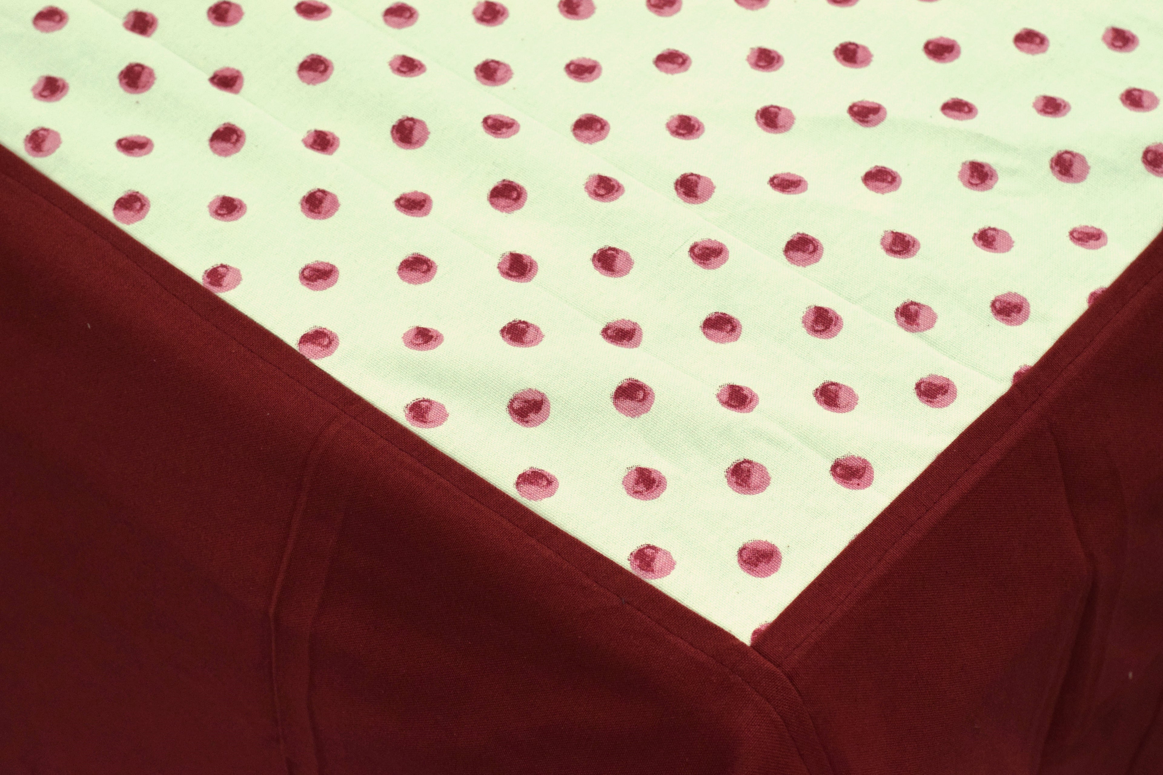King Size Cotton Bedspread with 2 Pillow Covers – Ivory & Maroon Polka Dot Printed Bed Cover