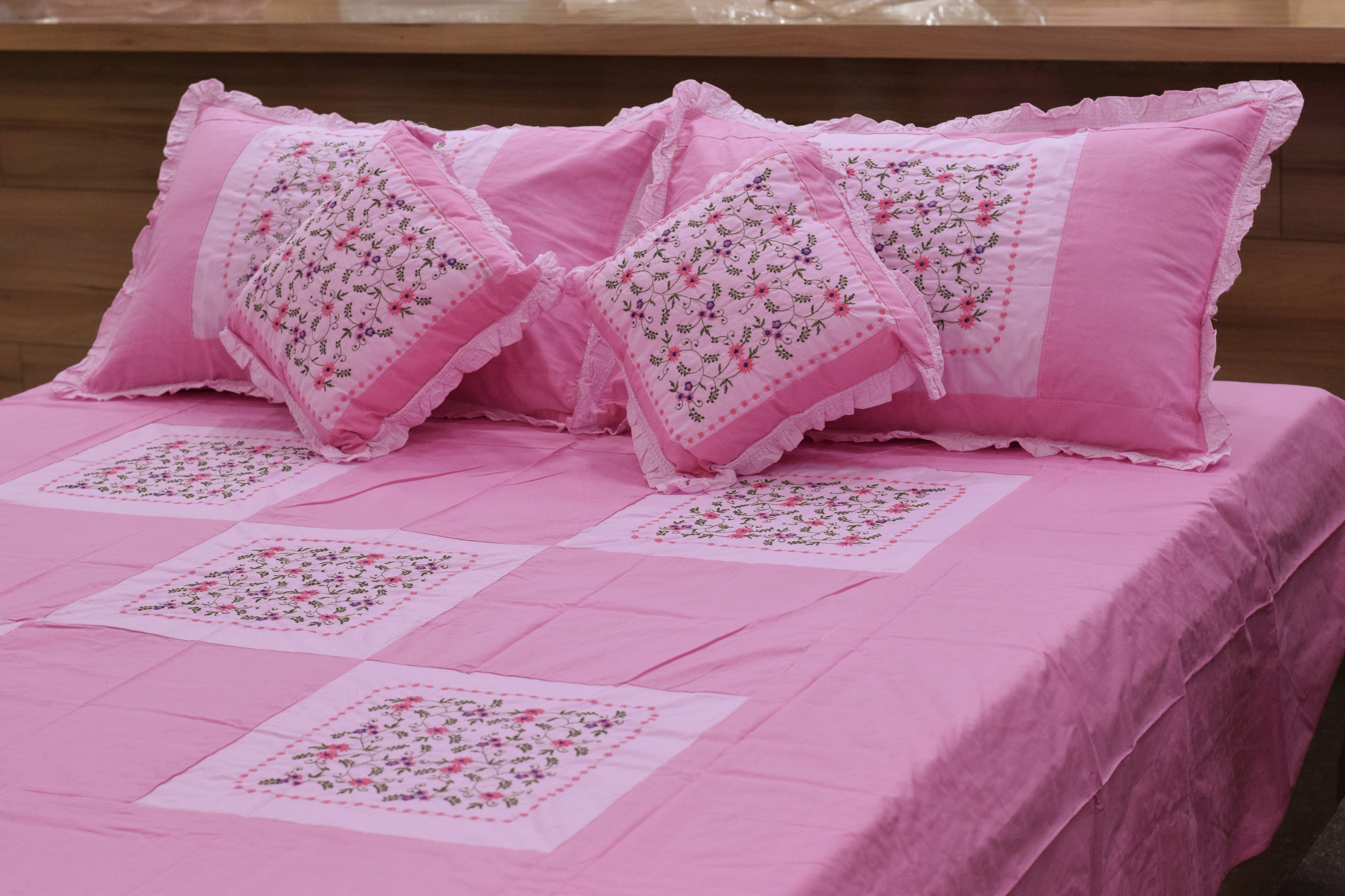 Queen Size Pink Floral Embroidered Bedspread Set with Pillow & Cushions– 90 x 100 Inches