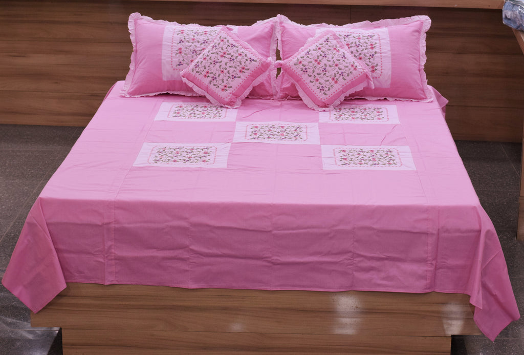 Queen Size Pink Floral Embroidered Bedspread Set with Pillow & Cushions– 90 x 100 Inches