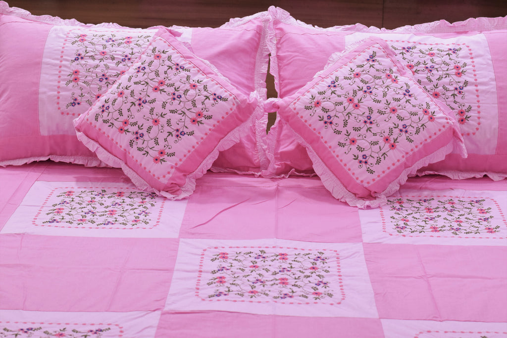 Queen Size Pink Floral Embroidered Bedspread Set with Pillow & Cushions– 90 x 100 Inches
