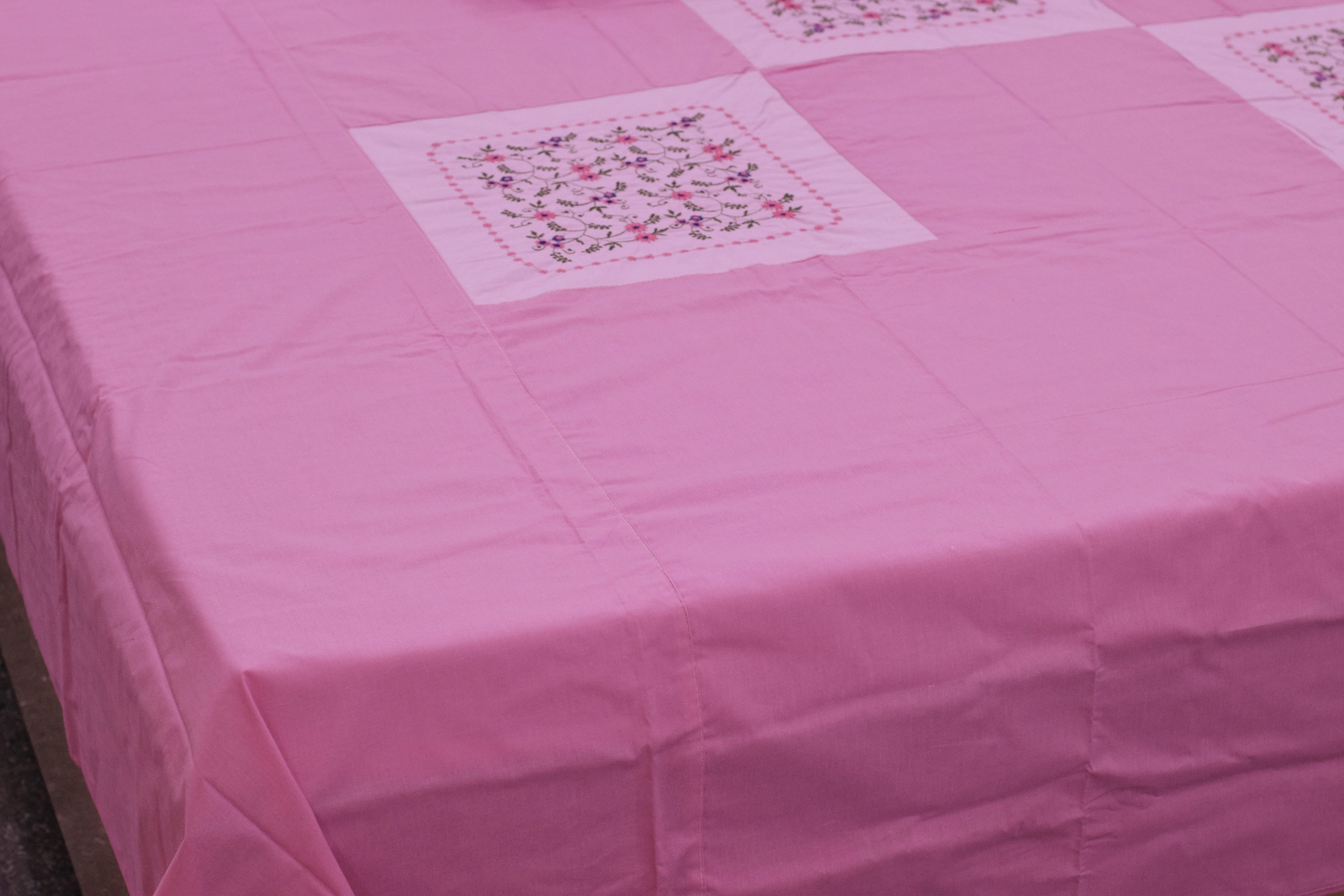 Queen Size Pink Floral Embroidered Bedspread Set with Pillow & Cushions– 90 x 100 Inches