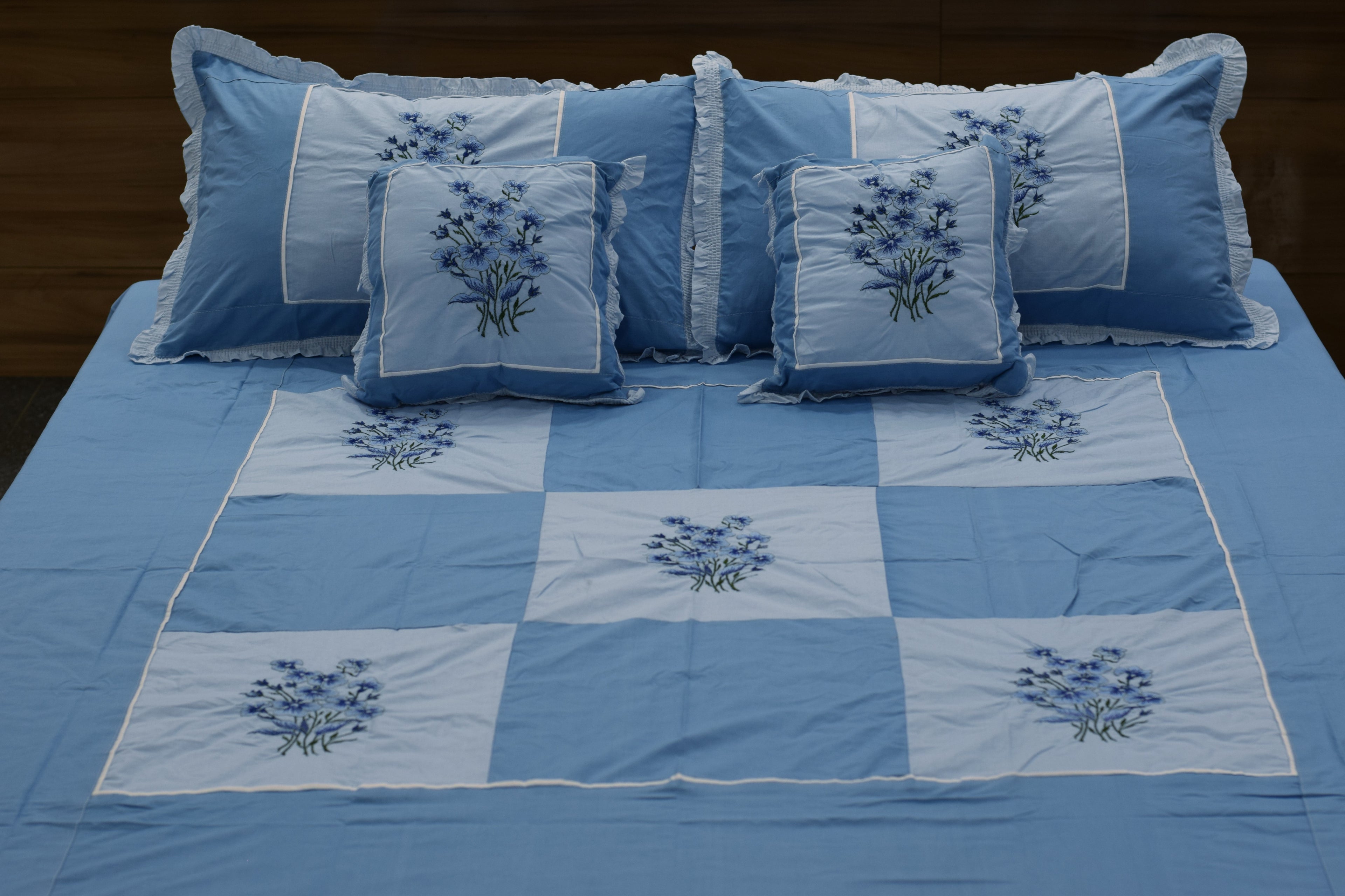 Queen Size Blue Floral Embroidered Bedspread Set with Pillow cover & Cushion  – 90 x 100 Inches