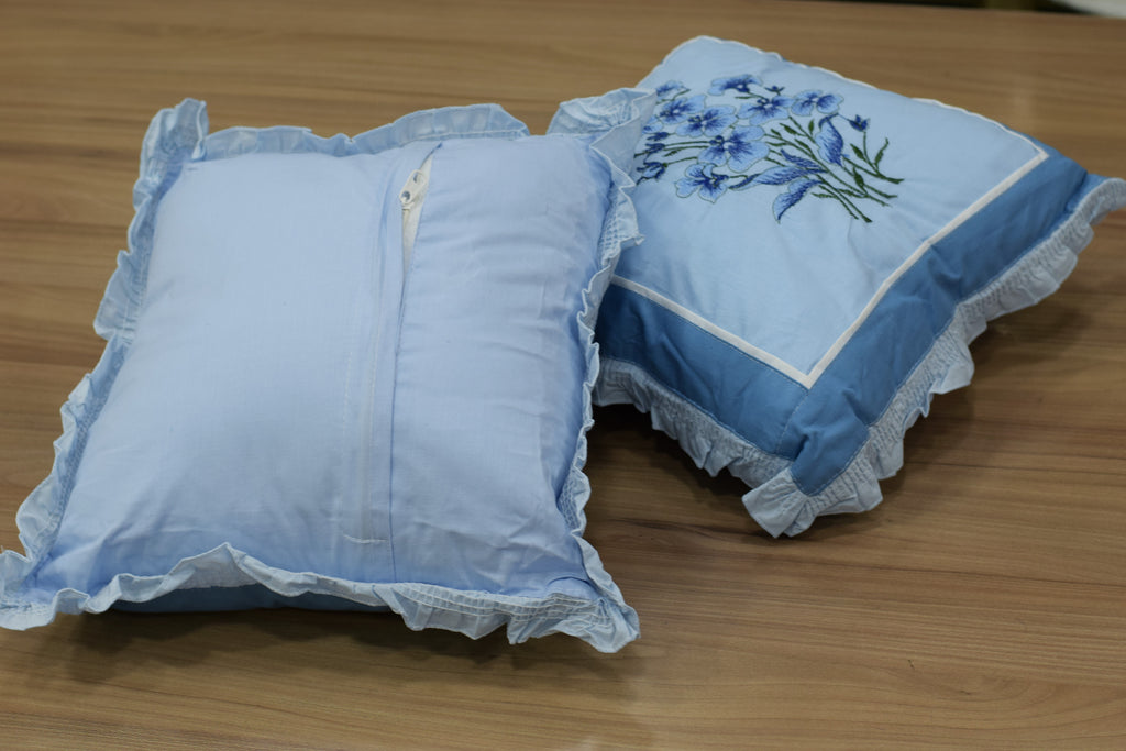 Queen Size Blue Floral Embroidered Bedspread Set with Pillow cover & Cushion  – 90 x 100 Inches