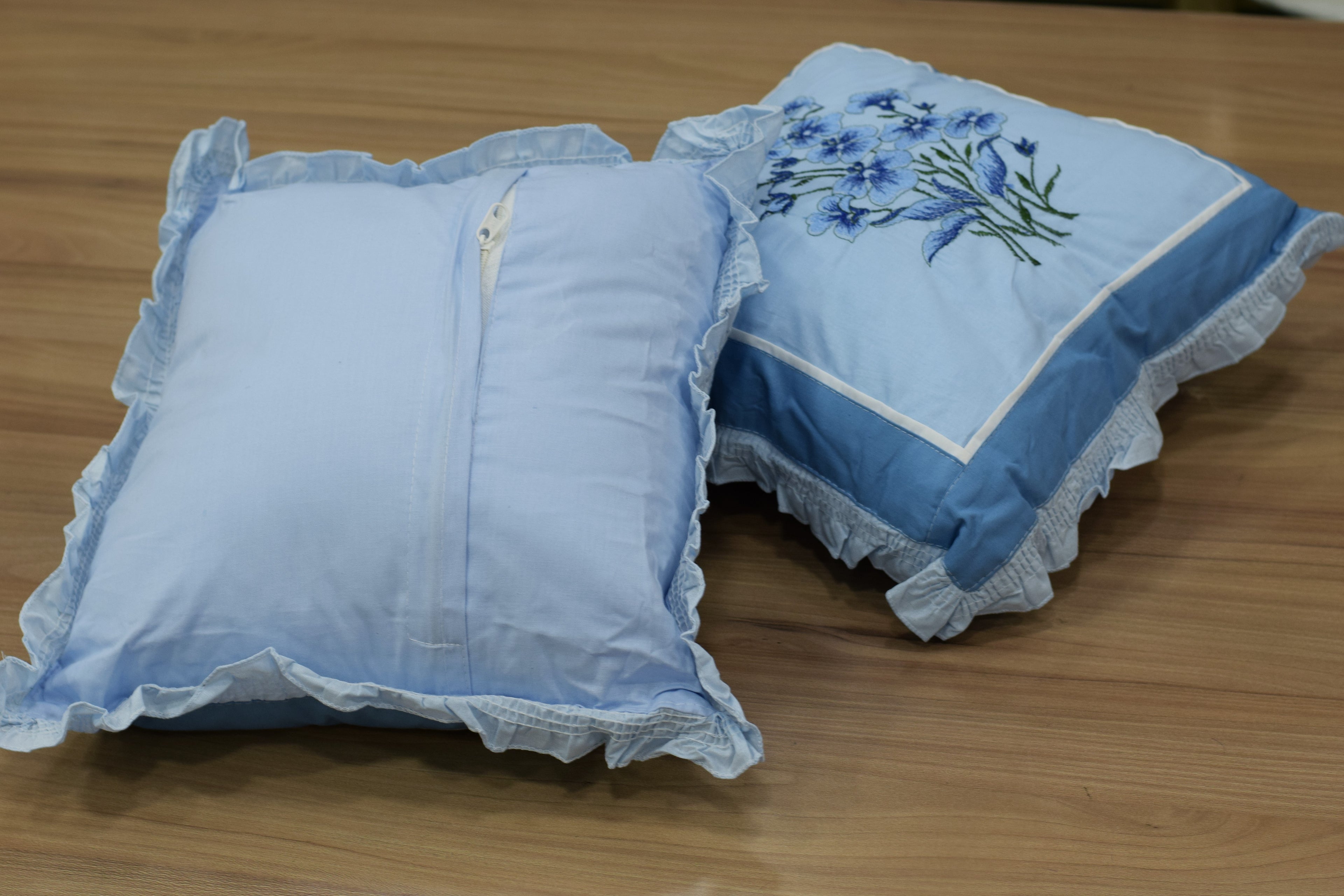 Queen Size Blue Floral Embroidered Bedspread Set with Pillow cover & Cushion  – 90 x 100 Inches