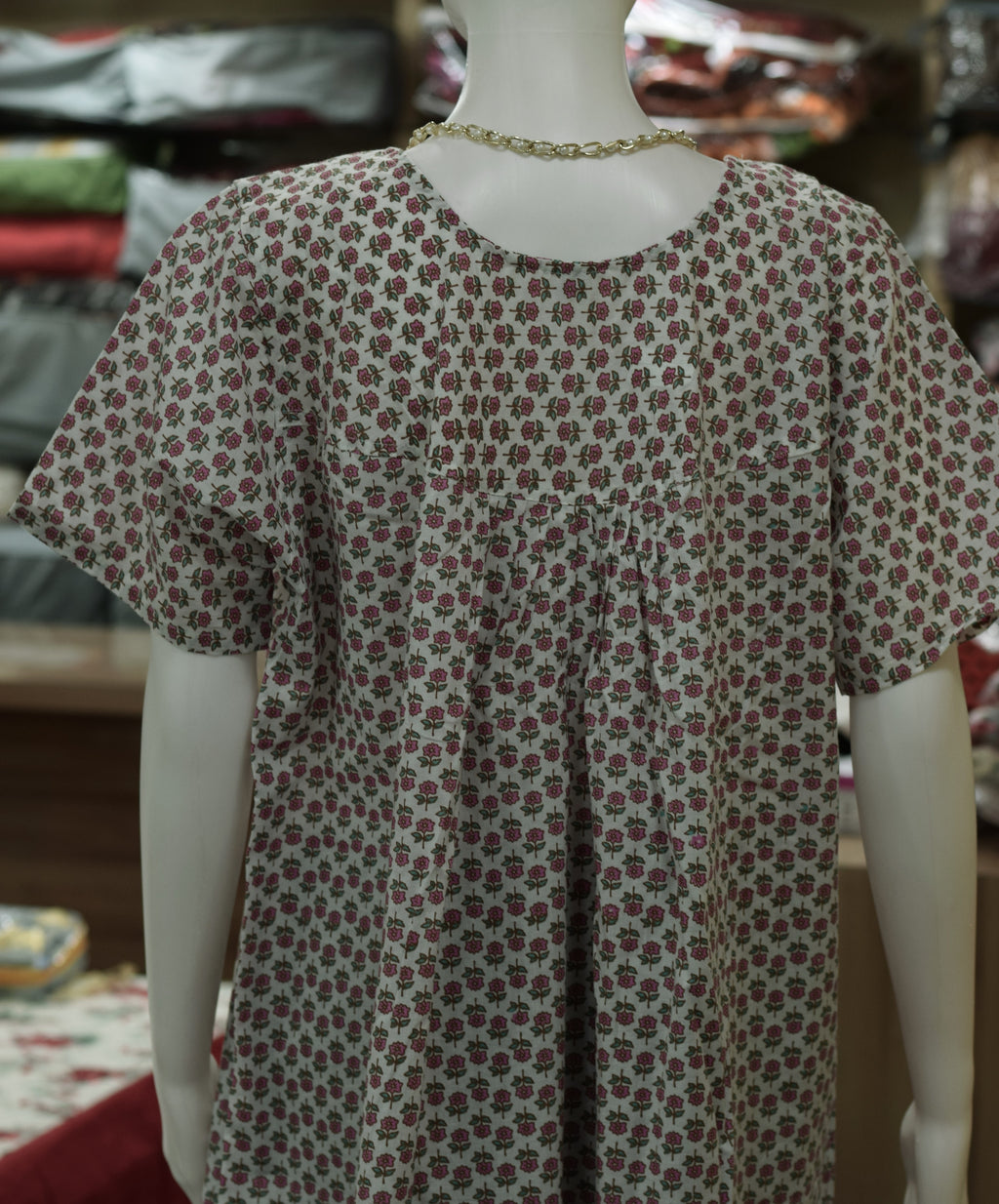 Women's Pink Floral Print Cotton Nighty – Full Length (Size M)