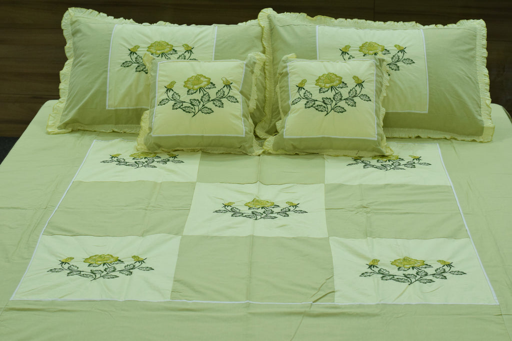 Queen Size Light Green Floral Embroidered Bedspread Set with Pillow cover& Cushion – 90 x 100 Inches