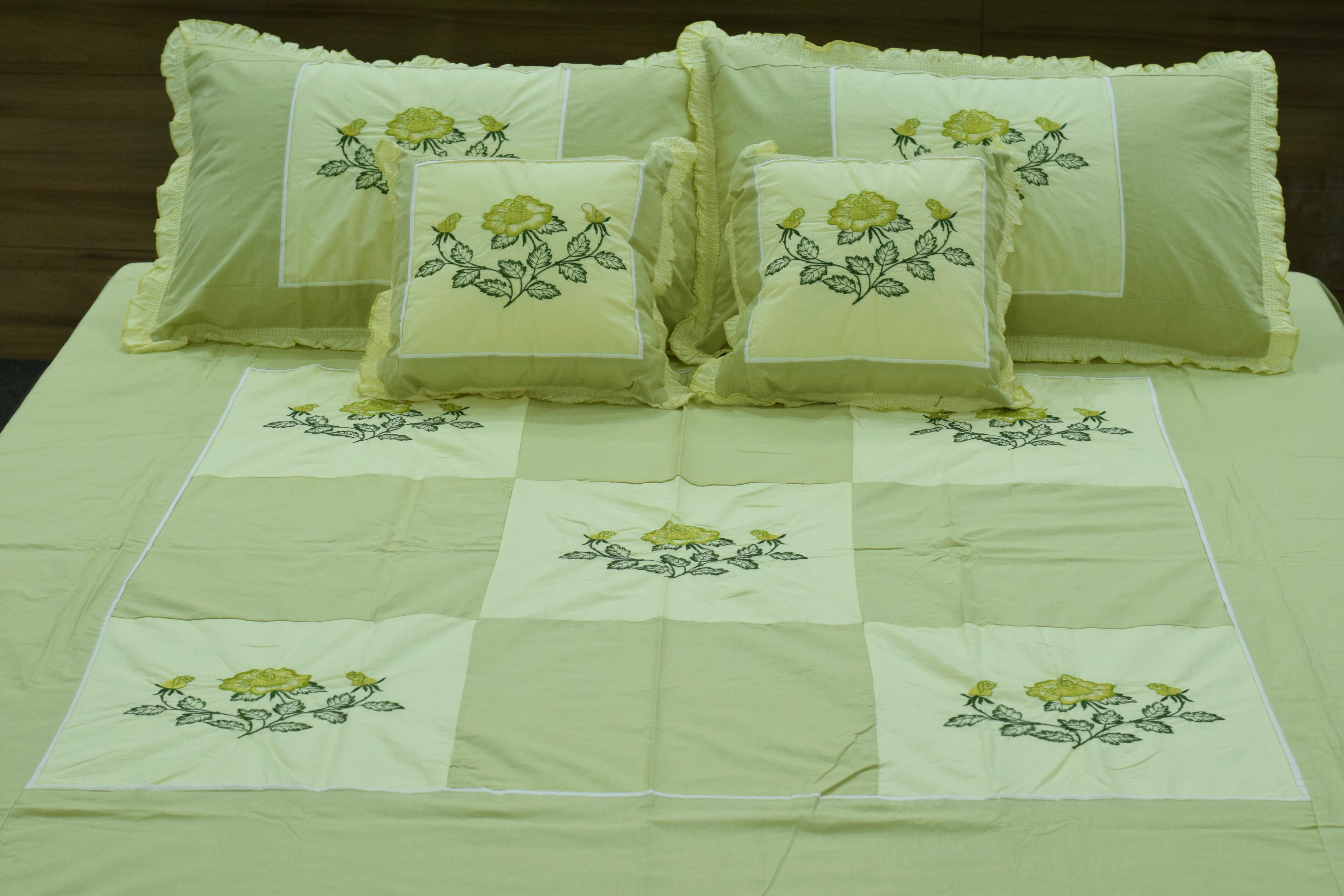 Queen Size Light Green Floral Embroidered Bedspread Set with Pillow cover& Cushion – 90 x 100 Inches