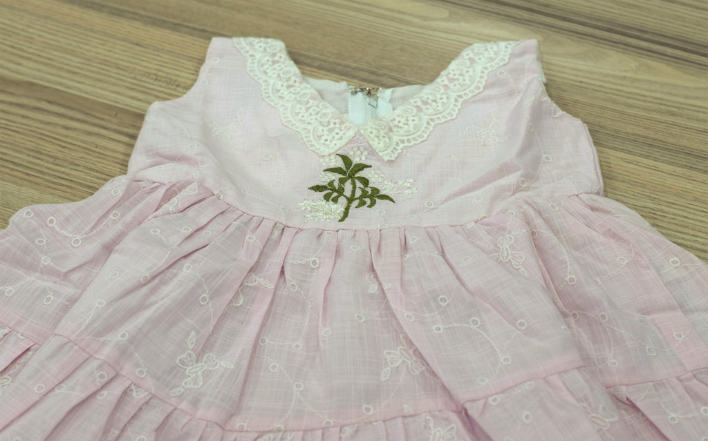 Baby Pink Cotton Baby Girl Frock with Lace Trim