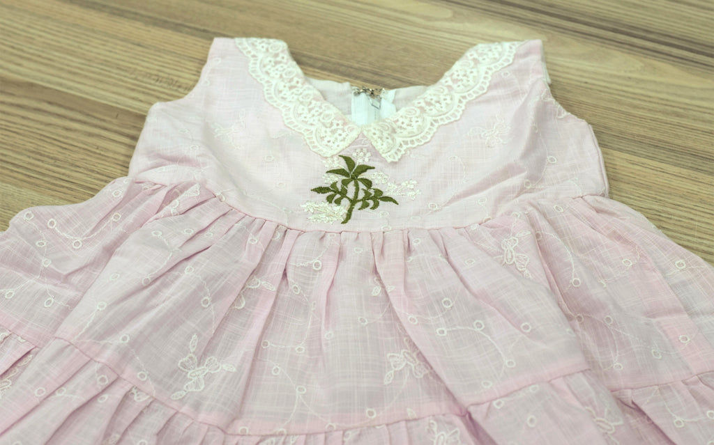 Baby Pink Cotton Baby Girl Frock with Lace Trim