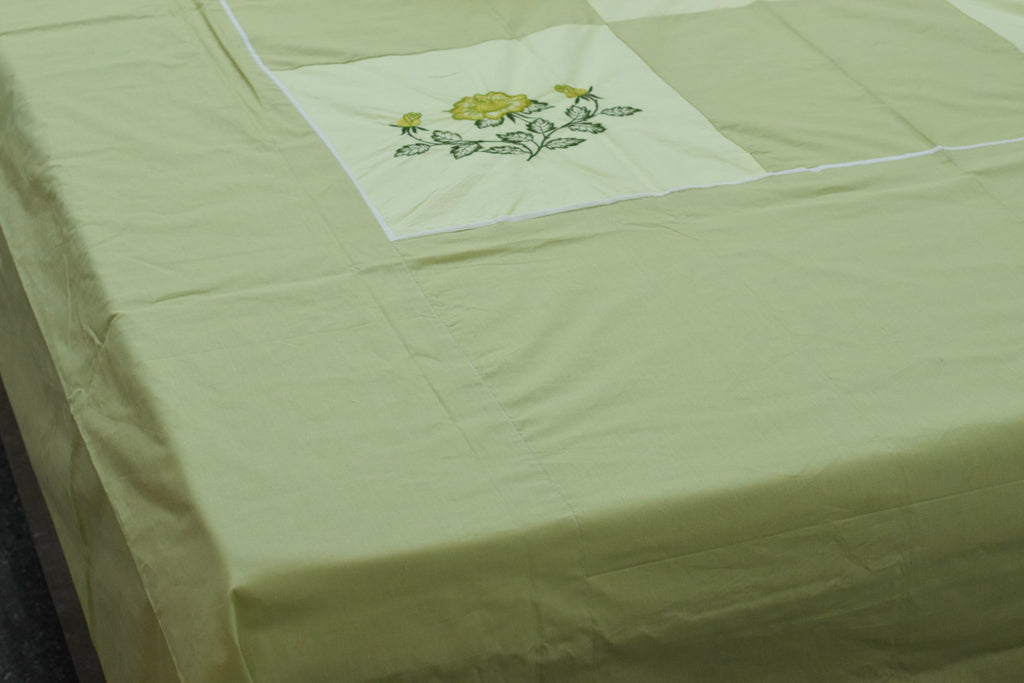 Queen Size Light Green Floral Embroidered Bedspread Set with Pillow cover& Cushion – 90 x 100 Inches