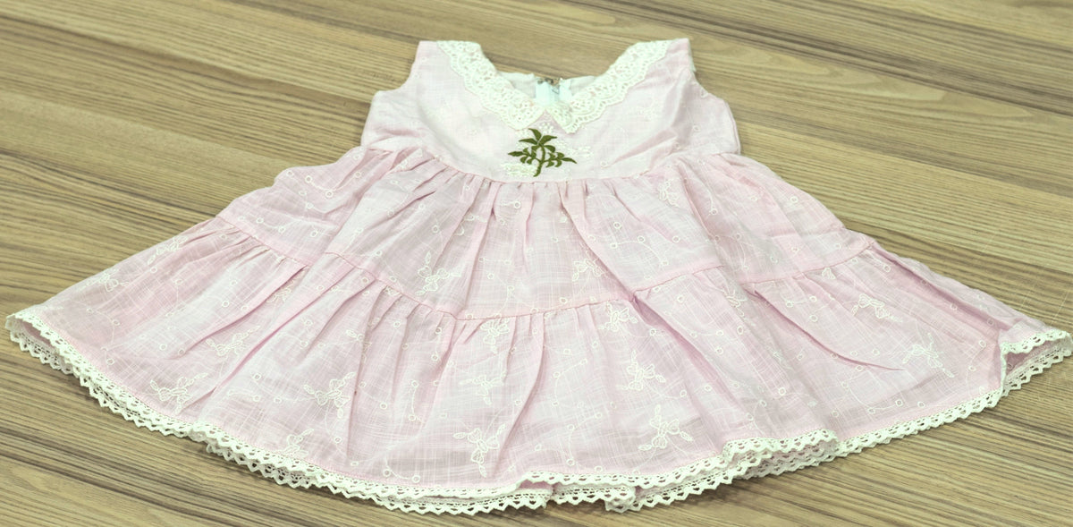 Baby Pink Cotton Baby Girl Frock with Lace Trim