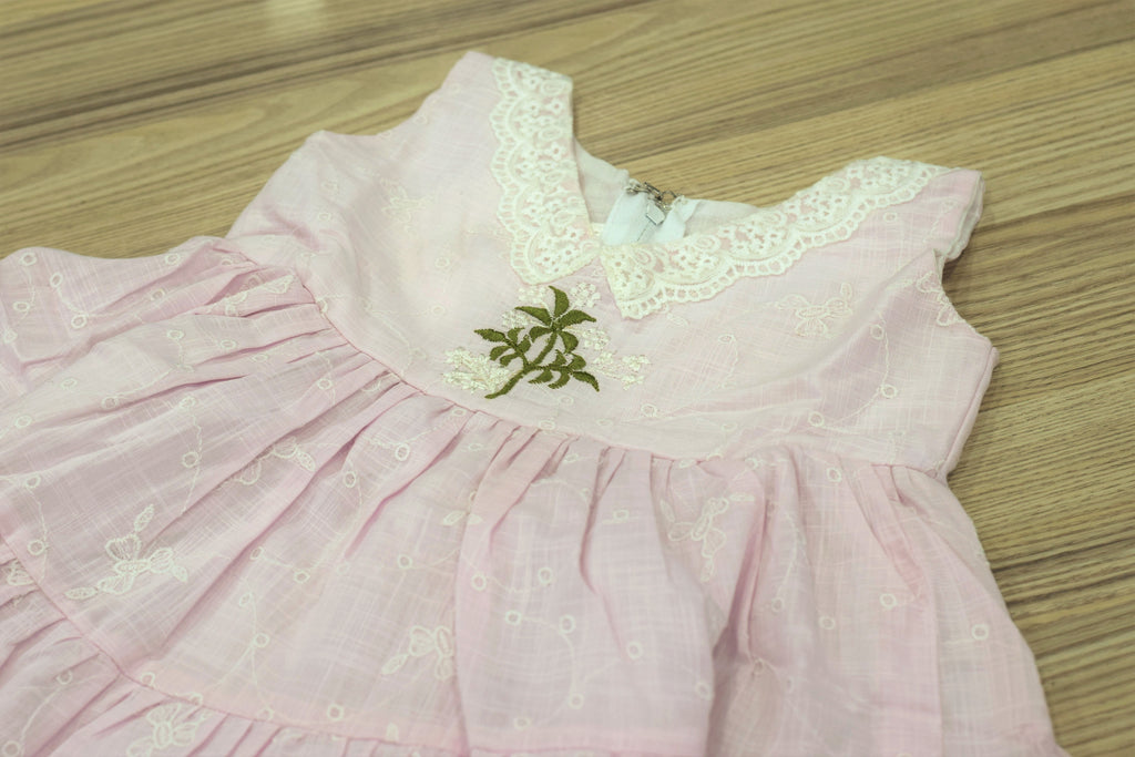 Baby Pink Cotton Baby Girl Frock with Lace Trim