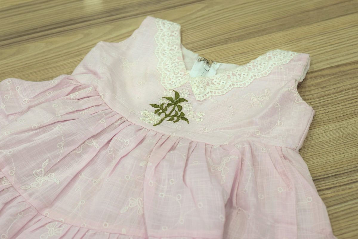 Baby Pink Cotton Baby Girl Frock with Lace Trim