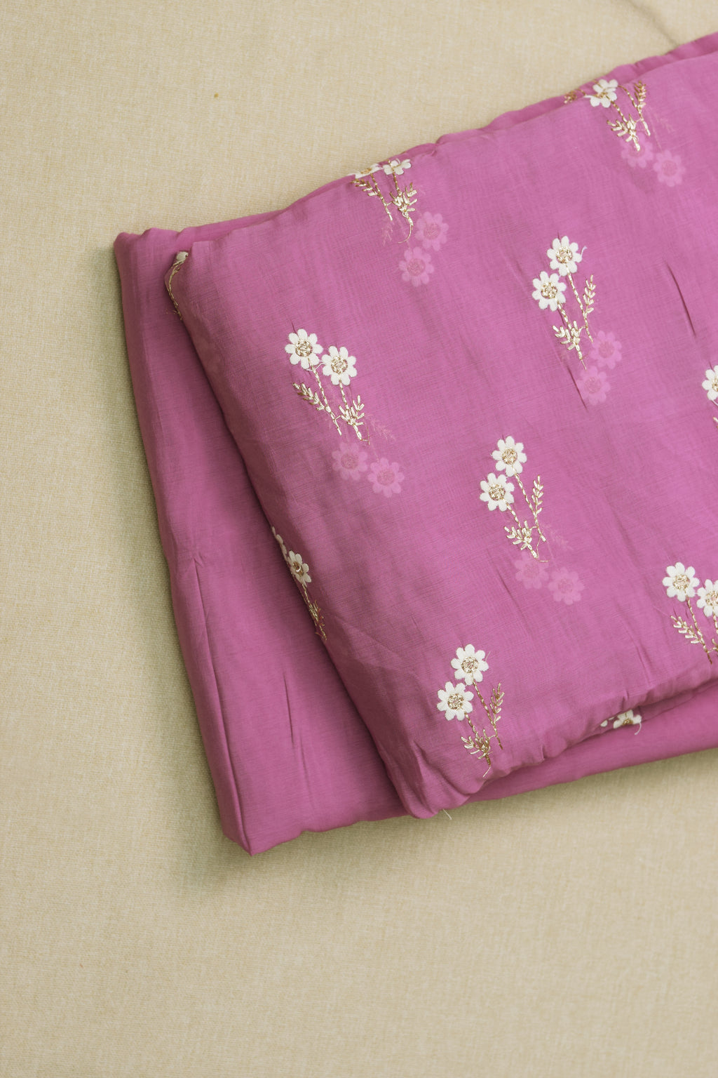 Mul Chandari Floral Embroidered Dress Material Set – Pink | 44 Inch Width | Top 2.5 Mtr + Bottom 2 Mtr
