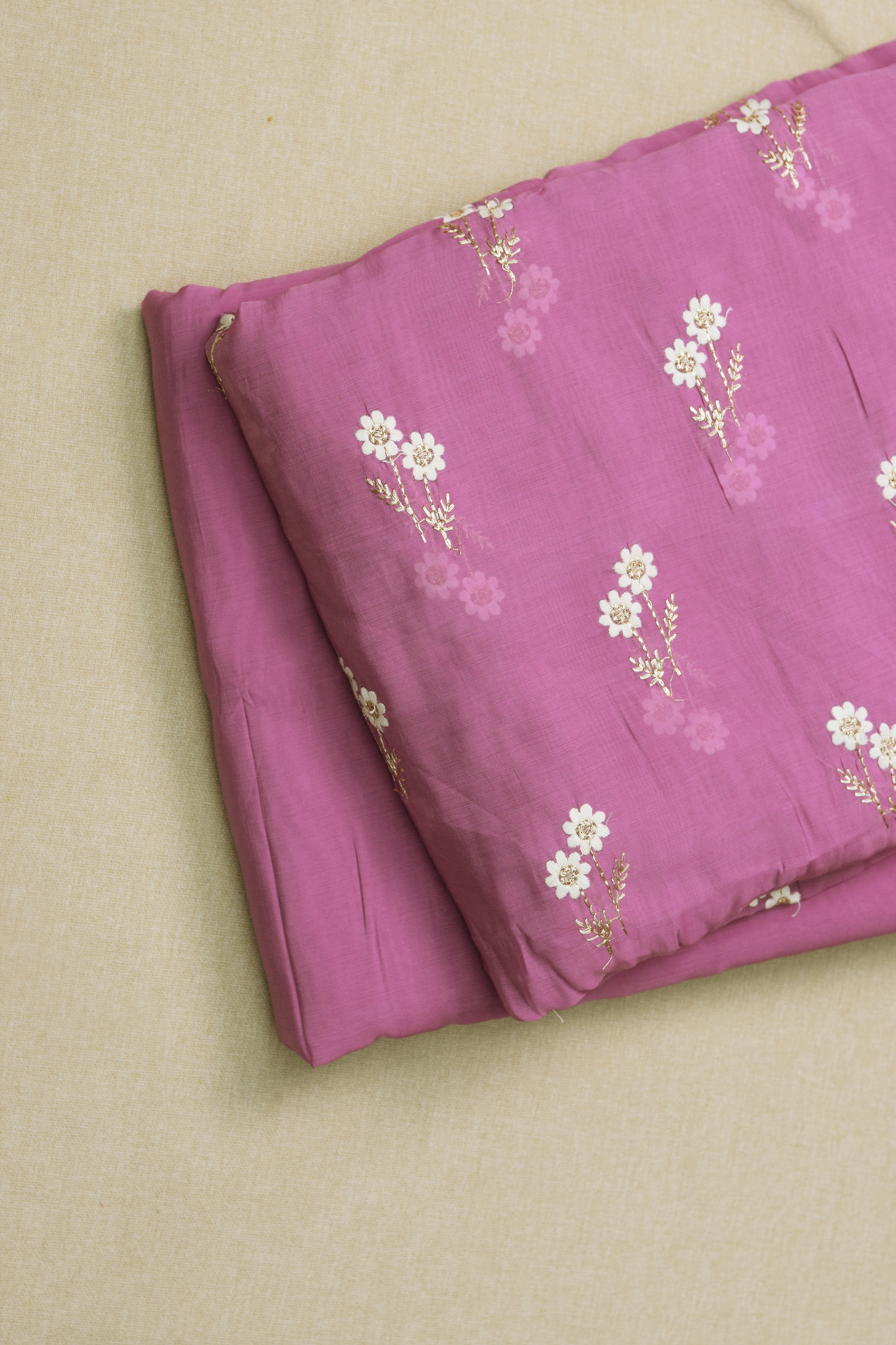 Mul Chandari Floral Embroidered Dress Material Set – Pink | 44 Inch Width | Top 2.5 Mtr + Bottom 2 Mtr
