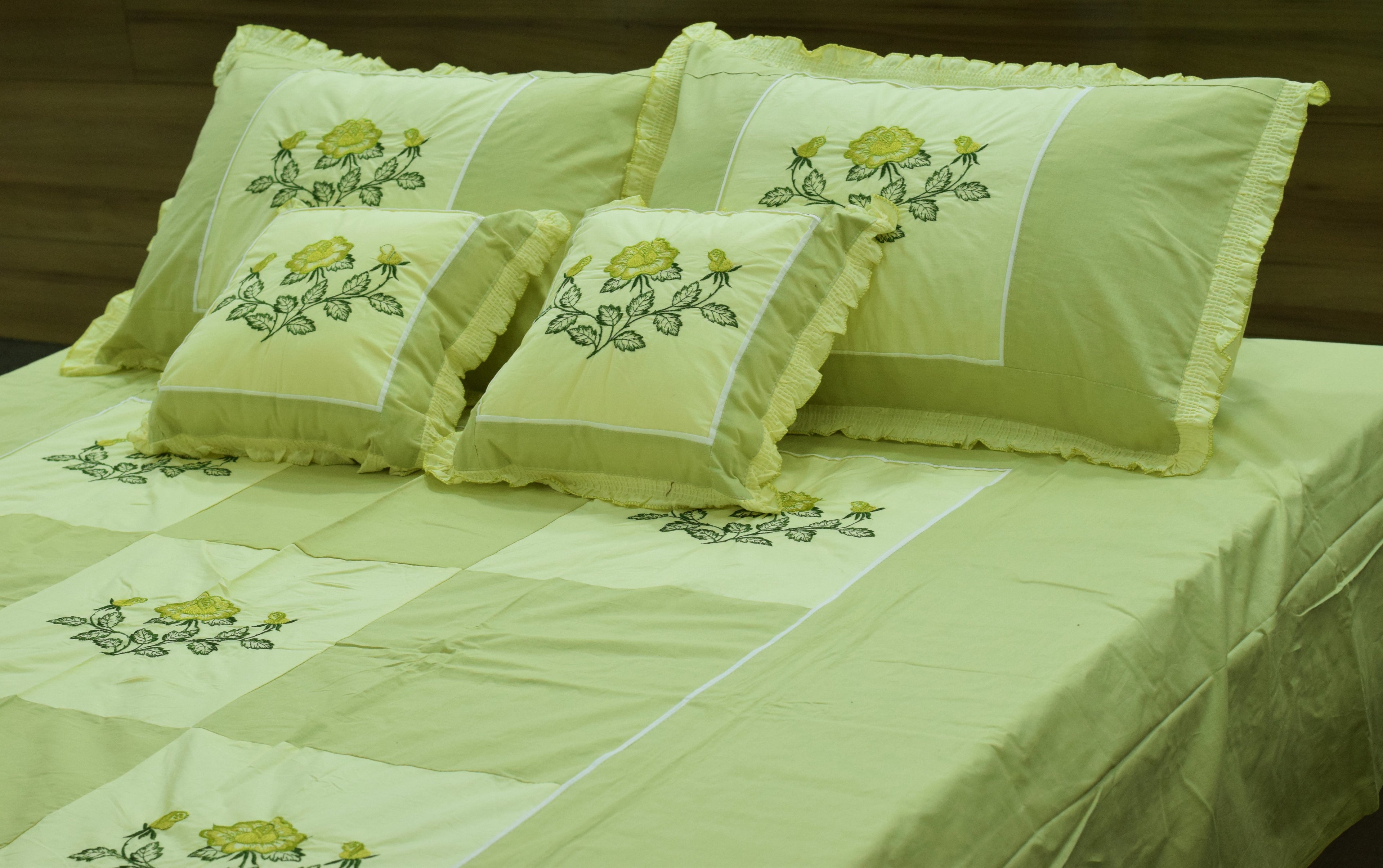 Queen Size Light Green Floral Embroidered Bedspread Set with Pillow cover& Cushion – 90 x 100 Inches