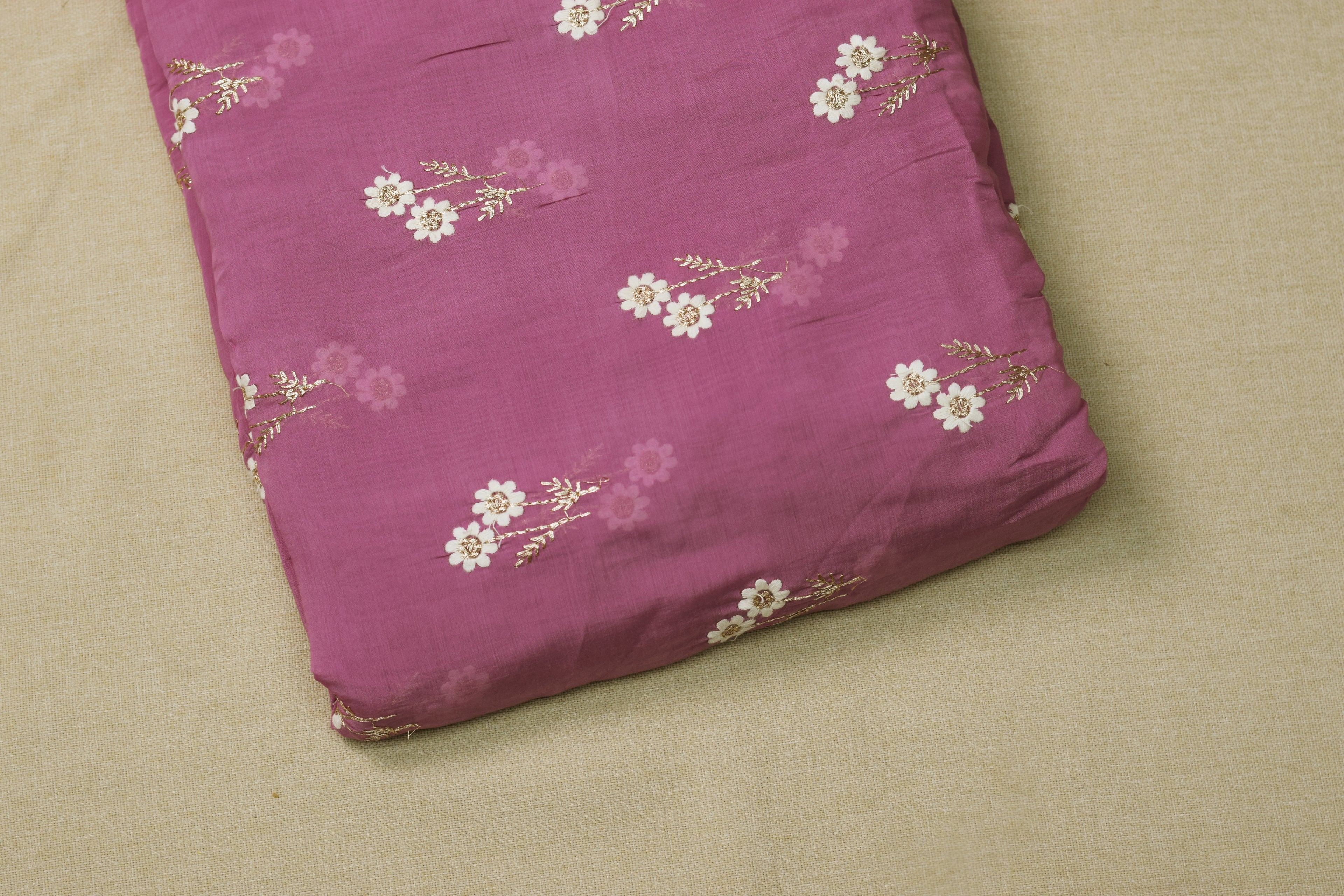 Mul Chandari Floral Embroidered Dress Material Set – Pink | 44 Inch Width | Top 2.5 Mtr + Bottom 2 Mtr