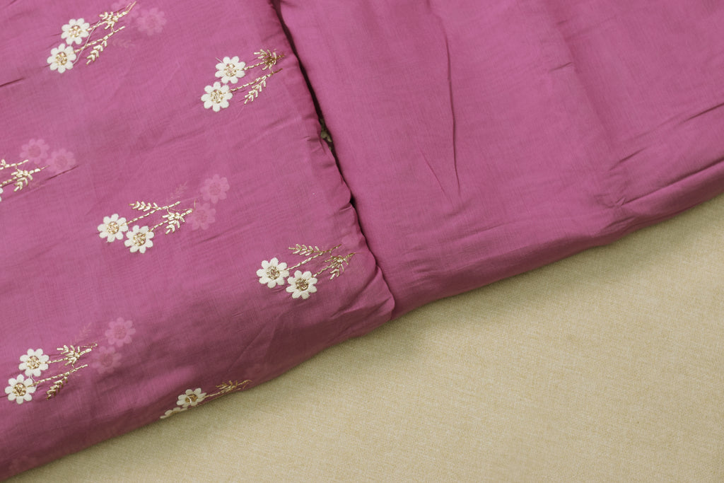 Mul Chandari Floral Embroidered Dress Material Set – Pink | 44 Inch Width | Top 2.5 Mtr + Bottom 2 Mtr