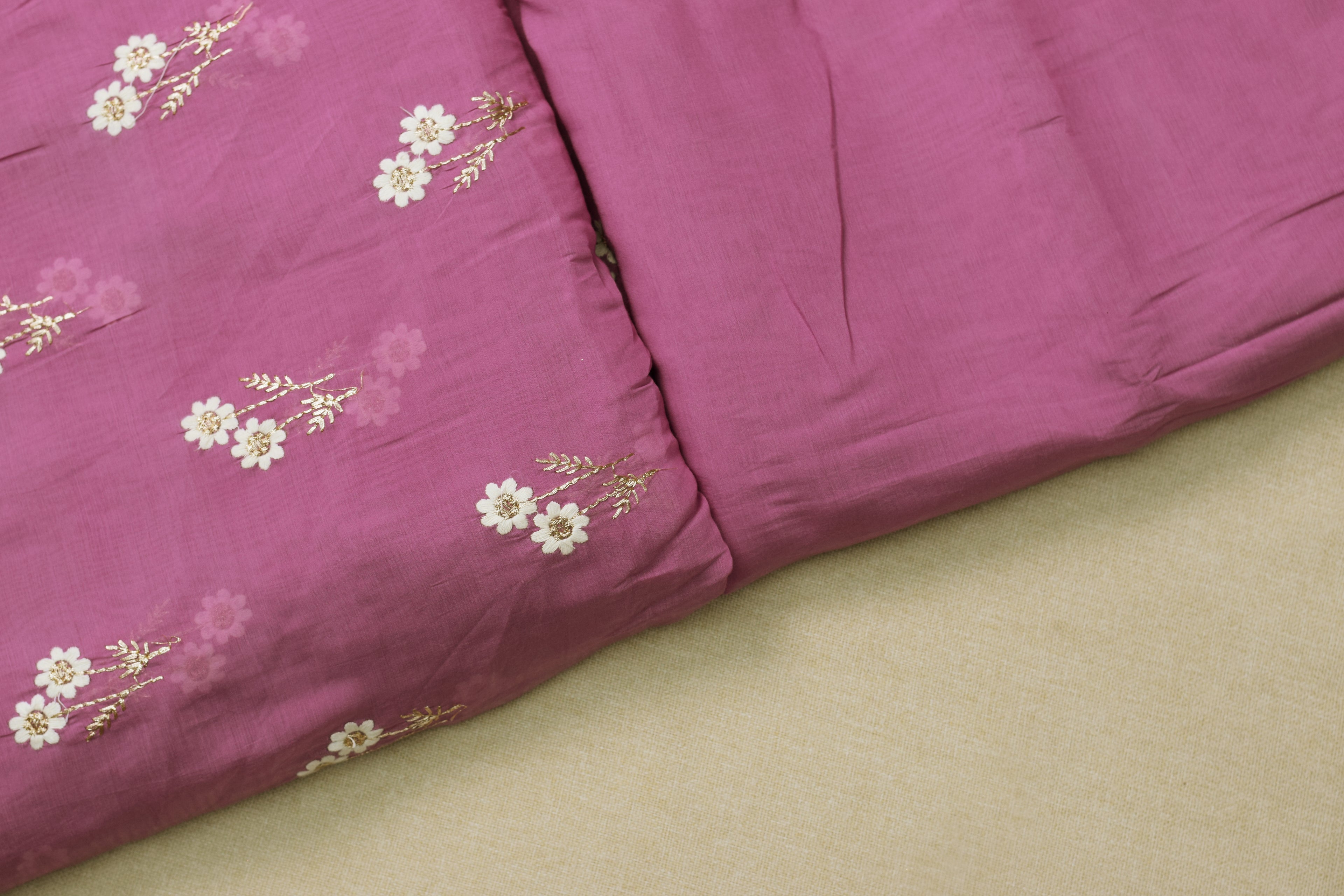 Mul Chandari Floral Embroidered Dress Material Set – Pink | 44 Inch Width | Top 2.5 Mtr + Bottom 2 Mtr