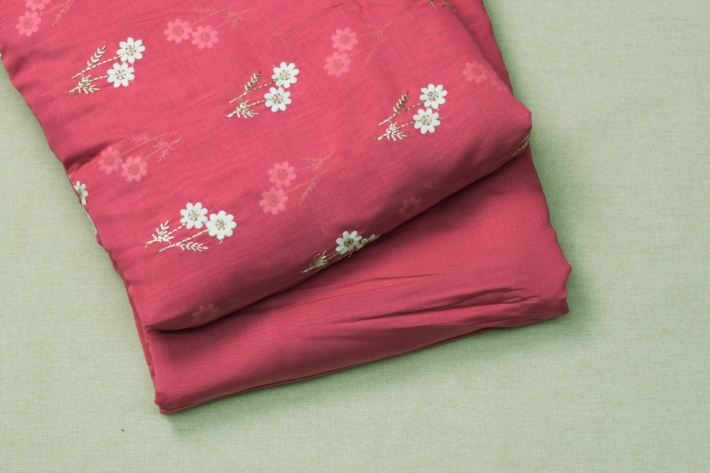 Mul Chandari Floral Embroidered Dress Material Set – Pink | 44 Inch Width | Top 2.5 Mtr + Bottom 2 Mtr