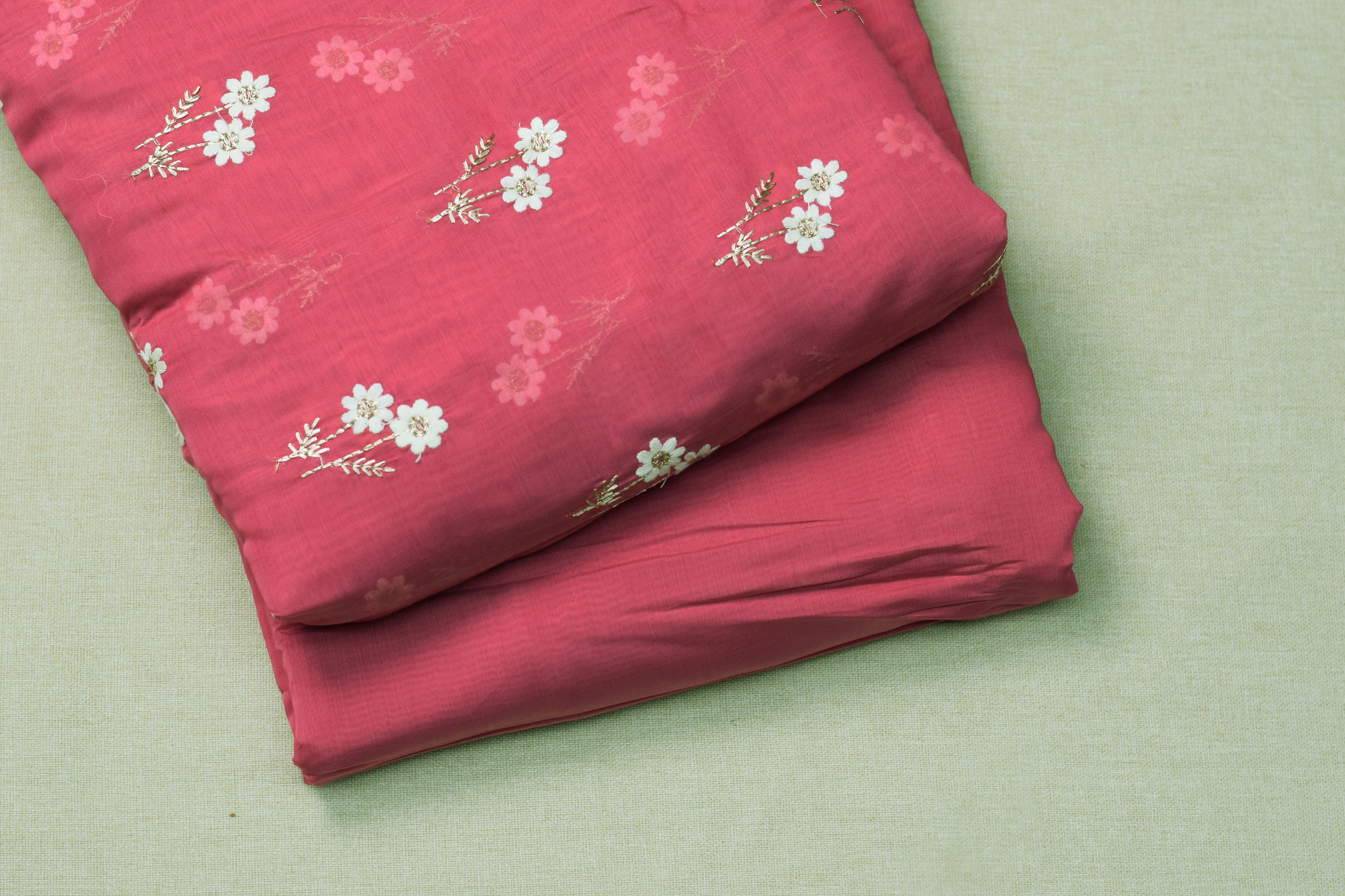 Mul Chandari Floral Embroidered Dress Material Set – Pink | 44 Inch Width | Top 2.5 Mtr + Bottom 2 Mtr
