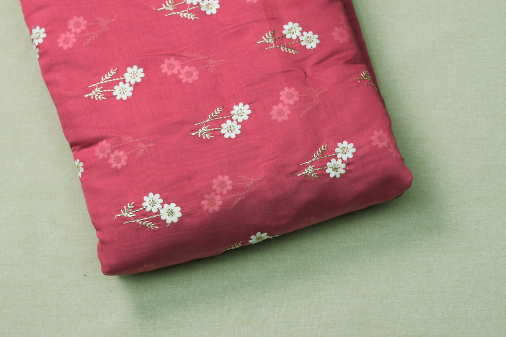 Mul Chandari Floral Embroidered Dress Material Set – Pink | 44 Inch Width | Top 2.5 Mtr + Bottom 2 Mtr