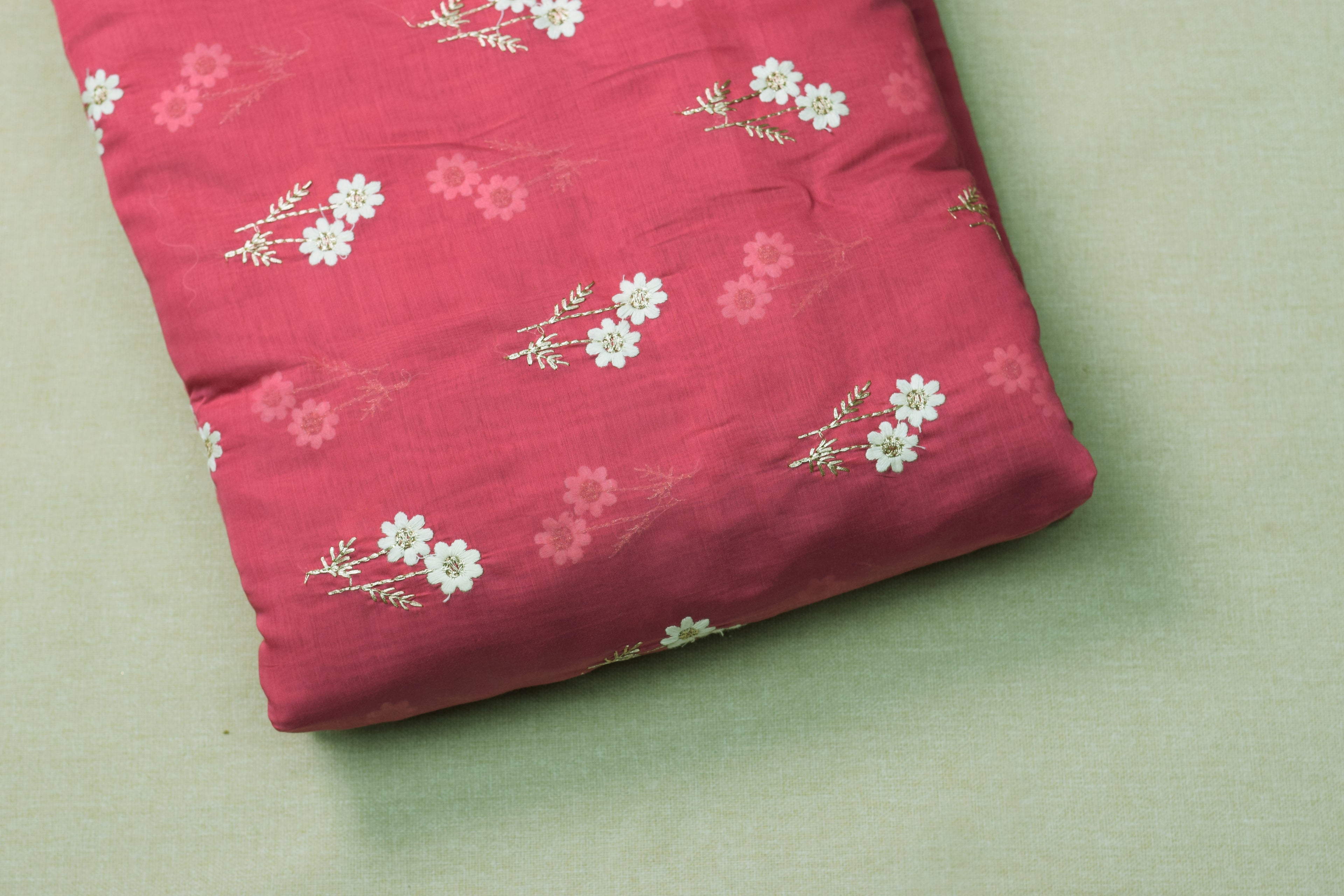 Mul Chandari Floral Embroidered Dress Material Set – Pink | 44 Inch Width | Top 2.5 Mtr + Bottom 2 Mtr