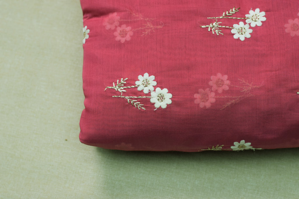 Mul Chandari Floral Embroidered Dress Material Set – Pink | 44 Inch Width | Top 2.5 Mtr + Bottom 2 Mtr