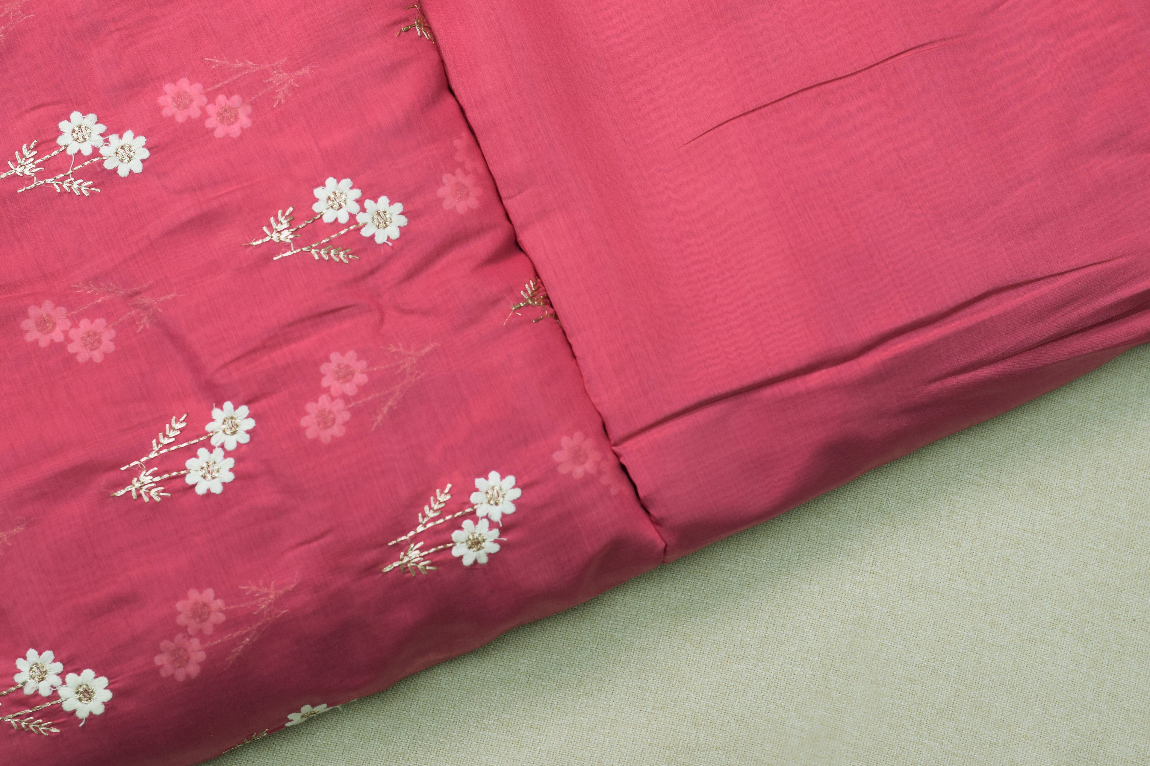 Mul Chandari Floral Embroidered Dress Material Set – Pink | 44 Inch Width | Top 2.5 Mtr + Bottom 2 Mtr