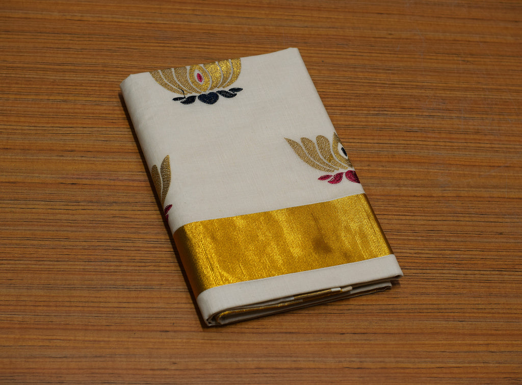 Traditional Kerala Kasavu Set Saree with Embroidery Motif Work | Off-White Cotton Blend Saree with Golden Kasavu Border