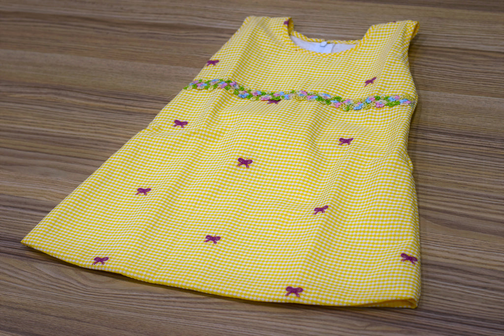 Yellow Cotton Checkered Baby Girl Frock with Bow Detail